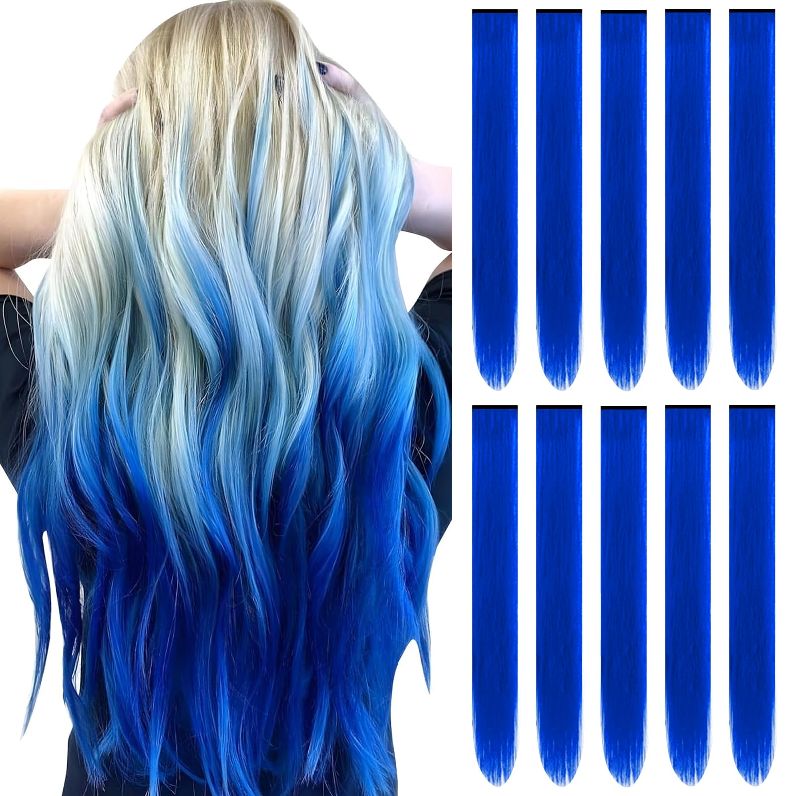 TOFAFA 60cm Coloured Hair Extensions,Multi-colours Party Highlights Clip in Synthetic Hair Extensions(10 Pcs Blue)