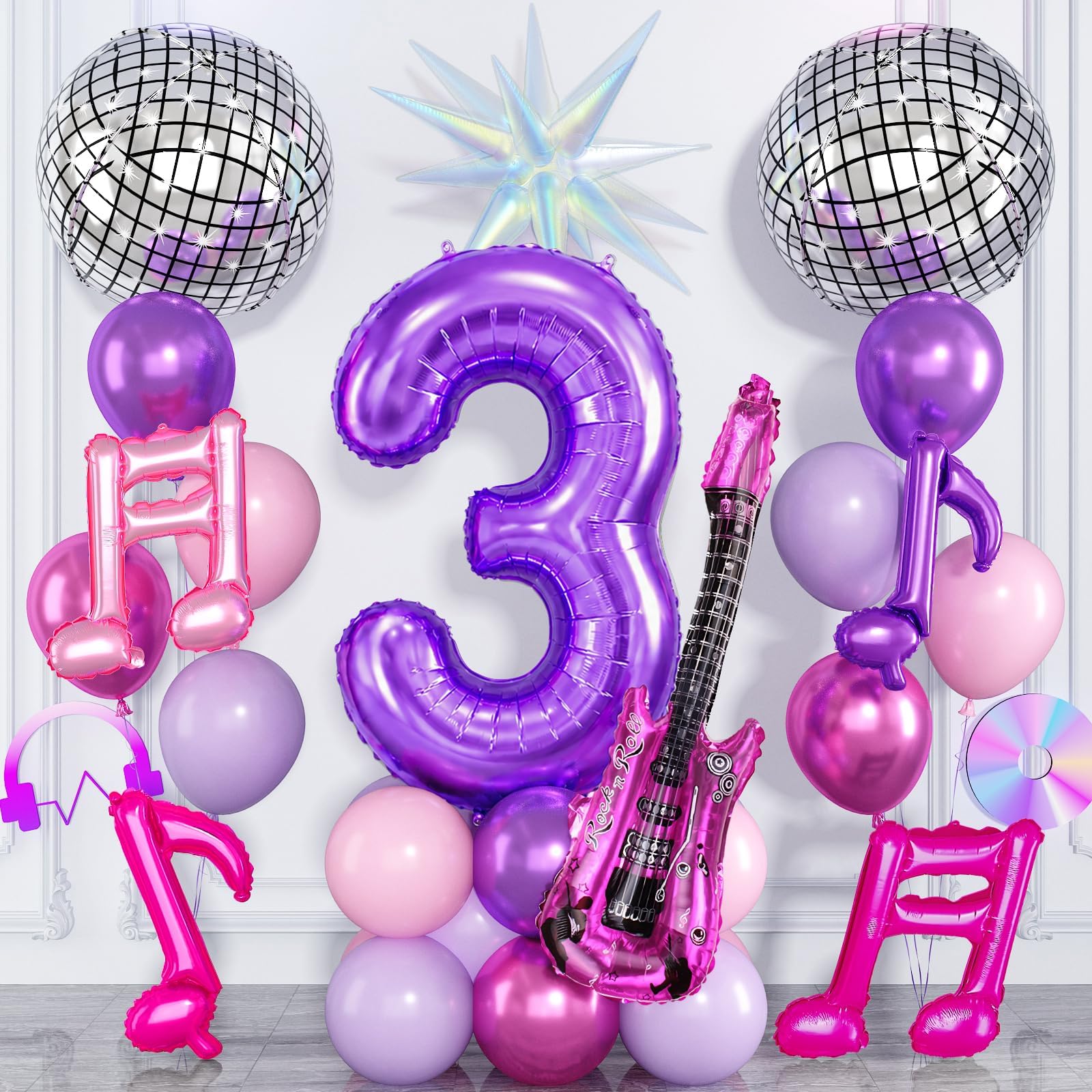 Kpop 3rd Birthday Decorations for Girls, 40 Inch Purple Number 3 Balloon with Music Note Disco Ball Guitar Star Balloons, Metallic Purple Pink Balloons for 3 Year Old Birthday Music Party Decorations