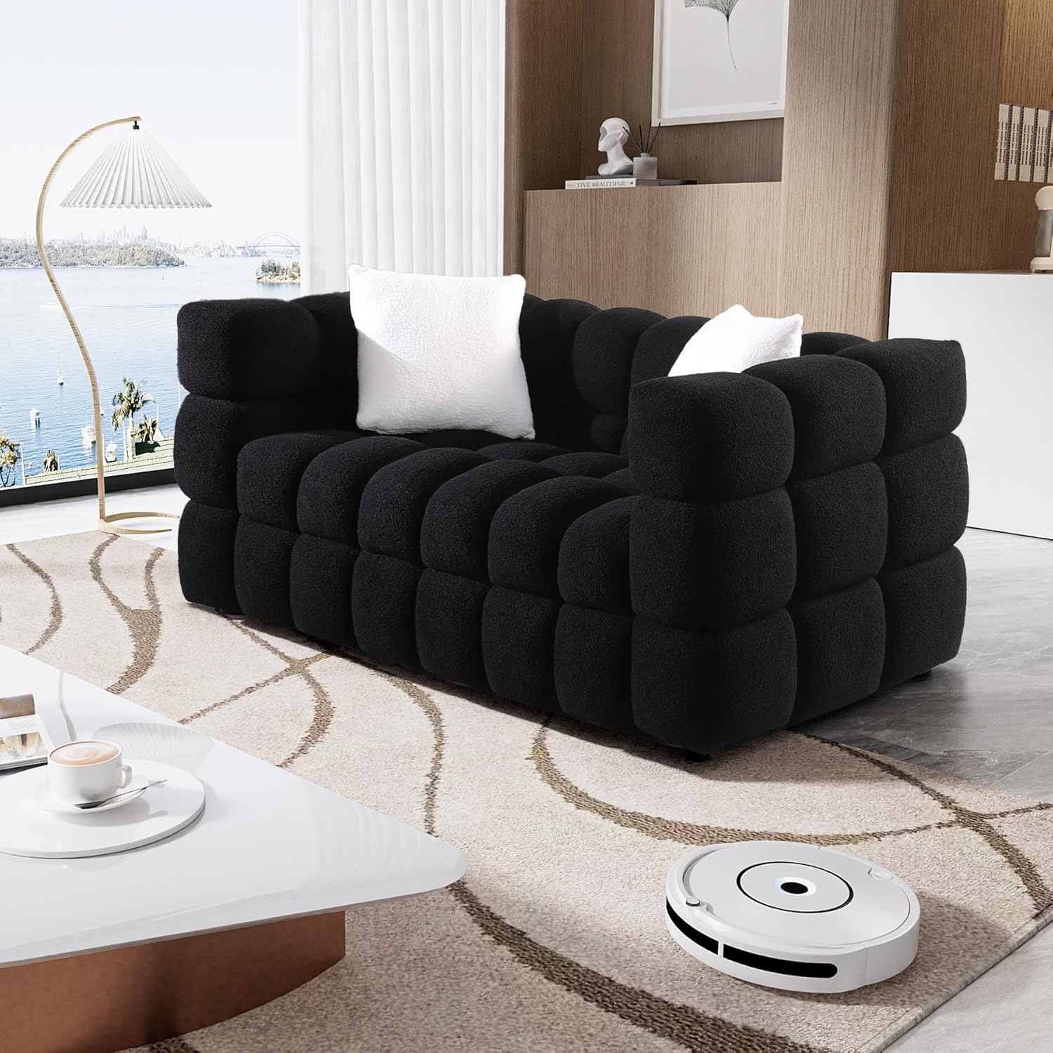 Wrofly Boucle Sofa Couch, 62.2" Comfy Upholstered Sherpa Loveseat, Cozy Tufted 2-Seater Cloud Deep Seat Couch, Small Modern Love Seat with 2 Pillows for Living Room Apartment Bedroom, Black