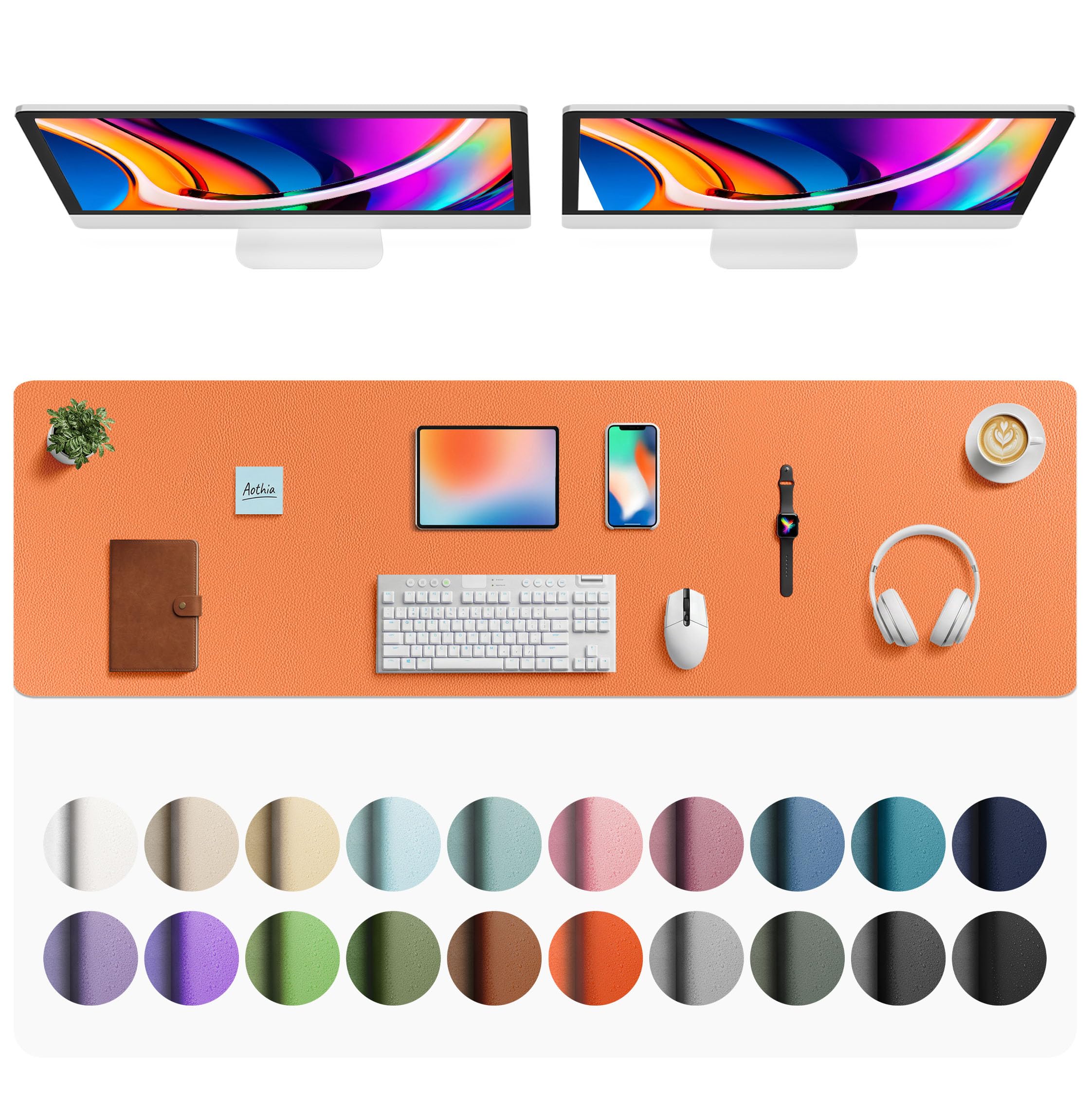 Aothia Faux Leather Desk Mat - Large Mouse Pad, Non-Slip PU Leather Blotter, Waterproof Writing Surface for Office and Home (Hermes Orange, 63" x 17")