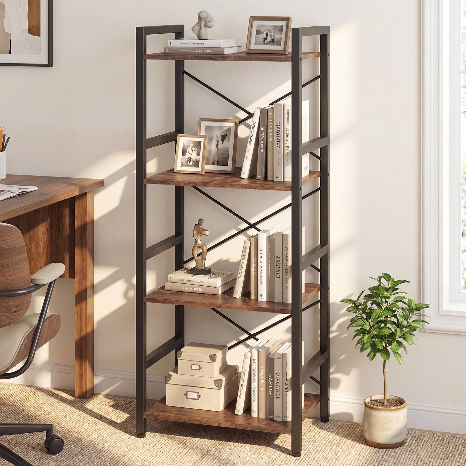 KOMFOTTEU Scaffale a 4 livelli, libreria verticale con ripiani aperti, mobile di stoccaggio stretto con struttura in metallo e dispostivi antiribaltamento per soggiorno, 42 x 28 x 100 cm (marrone e