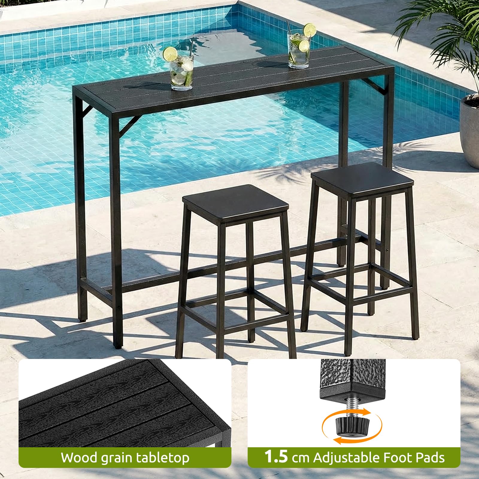 Table de Bar Exterieur LIFERUN 120 x 38 x 98 cm Pieds Réglables Plateau Étanche Noir