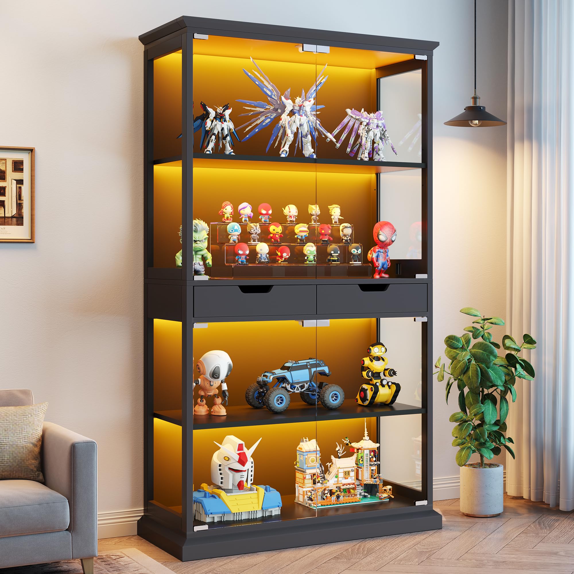 Jocoevol Vitrine mit Glastüren, 174cm Hoch Vitrinenschrank, 4-Lagen Glasvitrine Stehend mit RGB LED Beleuchtung & APP, Sensor, 2 Schubladen, Sammlervitrine für Wohnzimmer, Schwarz