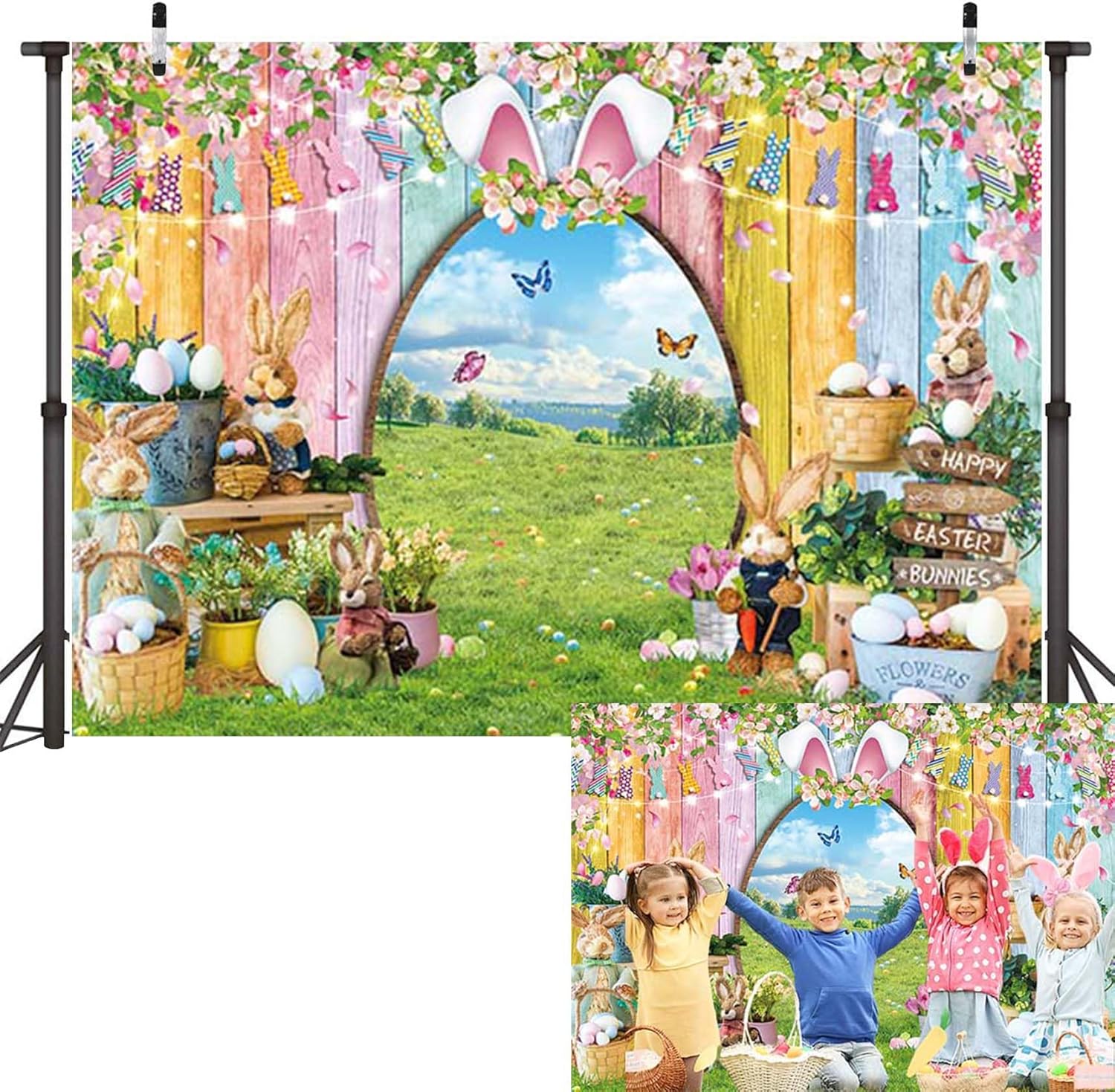 Happy Easter Banner Backdrop Spring Easter Bunny Photoshoot Background Spring Rabbit Colorful Eggs Wooden Wall Party Decoration Banner Photo Supplies (120x96inch (10x8FT))