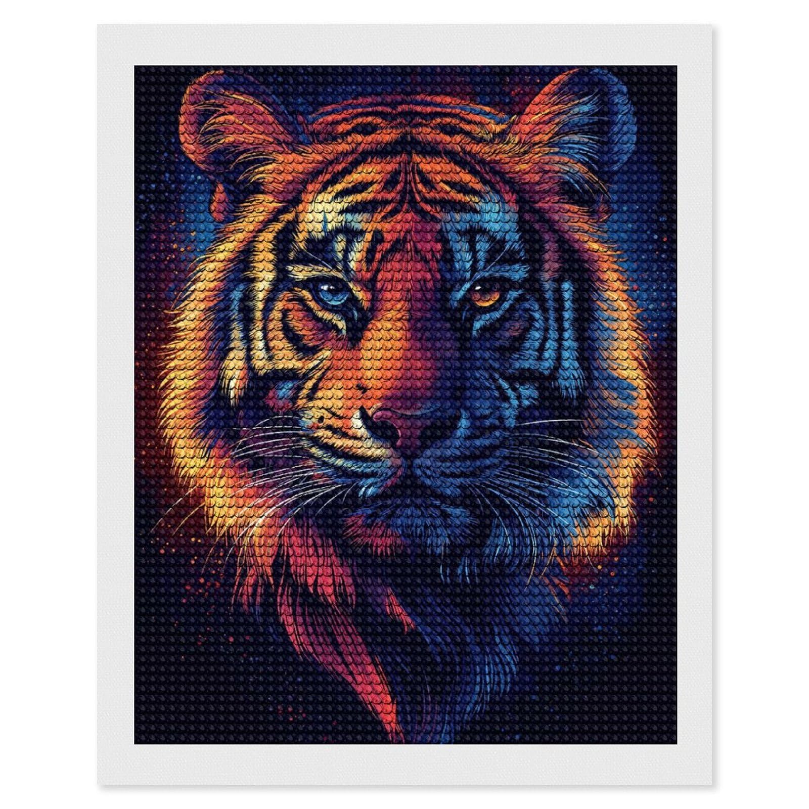 Junmoney Colorful Tiger Portrait DIY Diamond Art Canvas Kit 16"x20", Adhesive Canvas, Easy to Enjoy, Farmhouse Decor, Festive Craft Gift