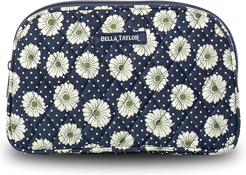 Bella Taylor Bolsa de maquillaje de algodón acolchada grande para mujeres, bolsa de cosméticos de viaje, Margarita punteada Marina