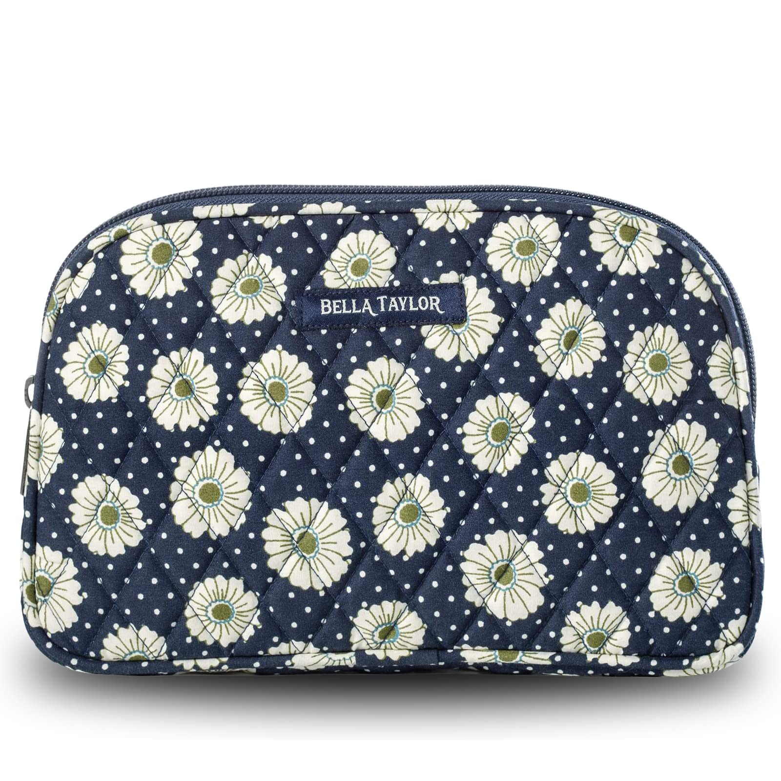 Bella Taylor Large Quilted Cotton Makeup Pouch for Women, Travel Cosmetic Bag, Quilted Cotton Dotted Daisy Navy Floral