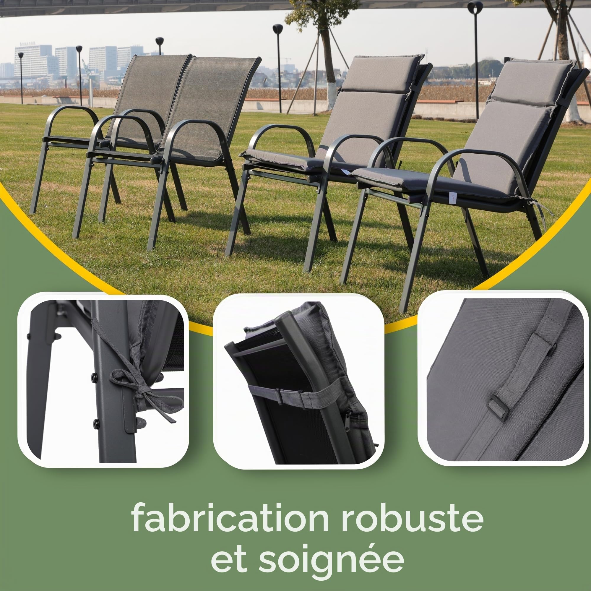 Albatros International Albatros Lot de 4 coussins pour chaise de jardin - Anthracite - 99 x 45 cm - Pour chaise à dossier haut - Résistant aux UV et imperméable - Convient pour chaises pliantes