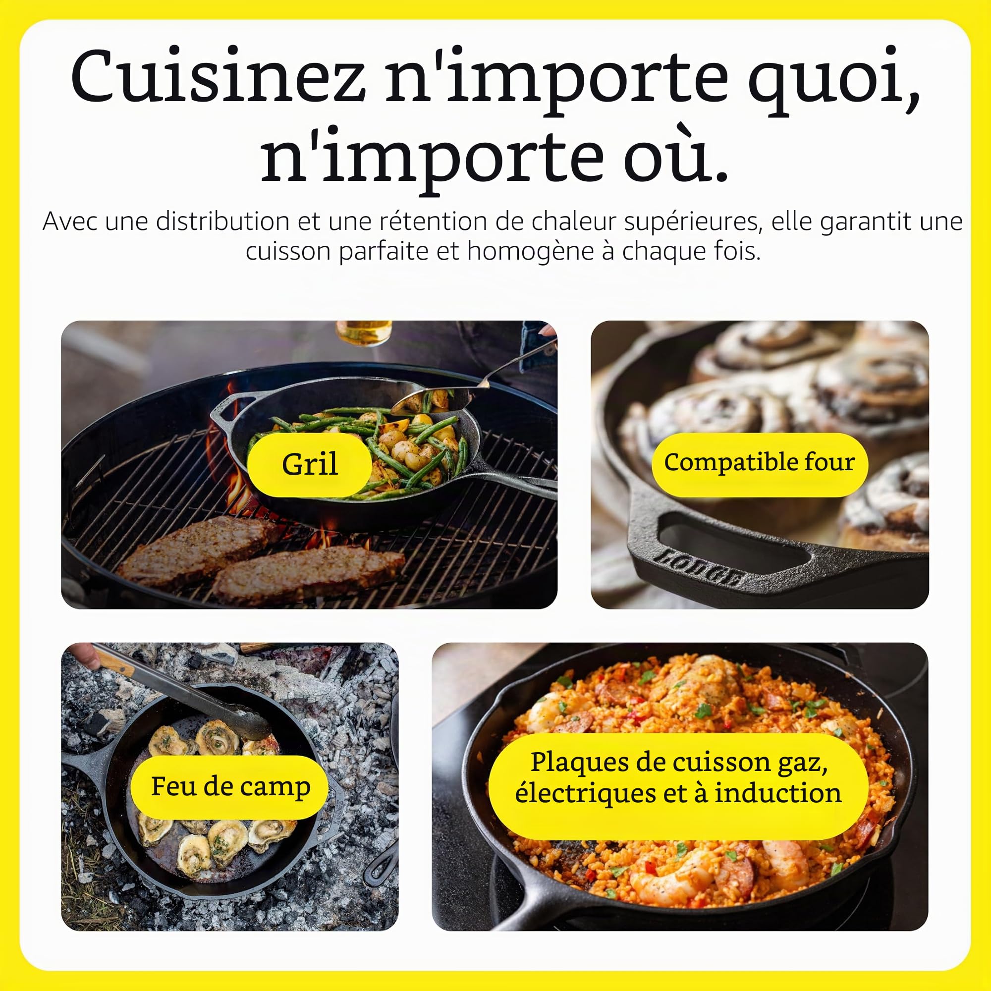 Lodge | Batterie de cuisine en fonte naturelle 4 pièces | Cocotte, 2 poêles, Crêpière | Sain et sans PFAS | Tous feux dont induction, four & BBQ | Made in USA