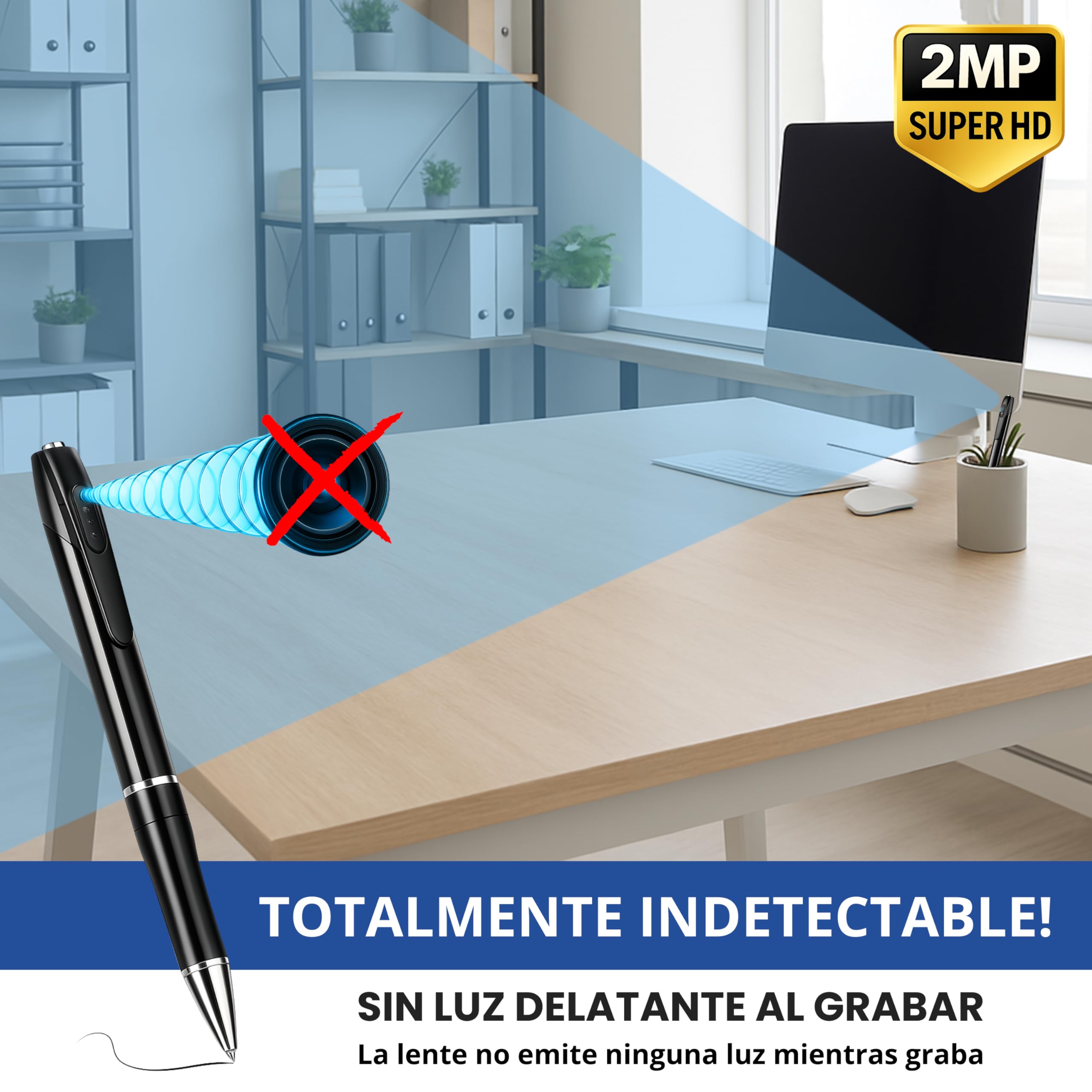 Mini Camara Espia Oculta Camuflada Bolígrafo, Camara de Vigilancia sin Cables (Pack Premium 2MP Super HD con MicroSD 32GB U3, Lector LED y 10X Recargas de Tinta) Grabación en Bucle, 128GB MAX.