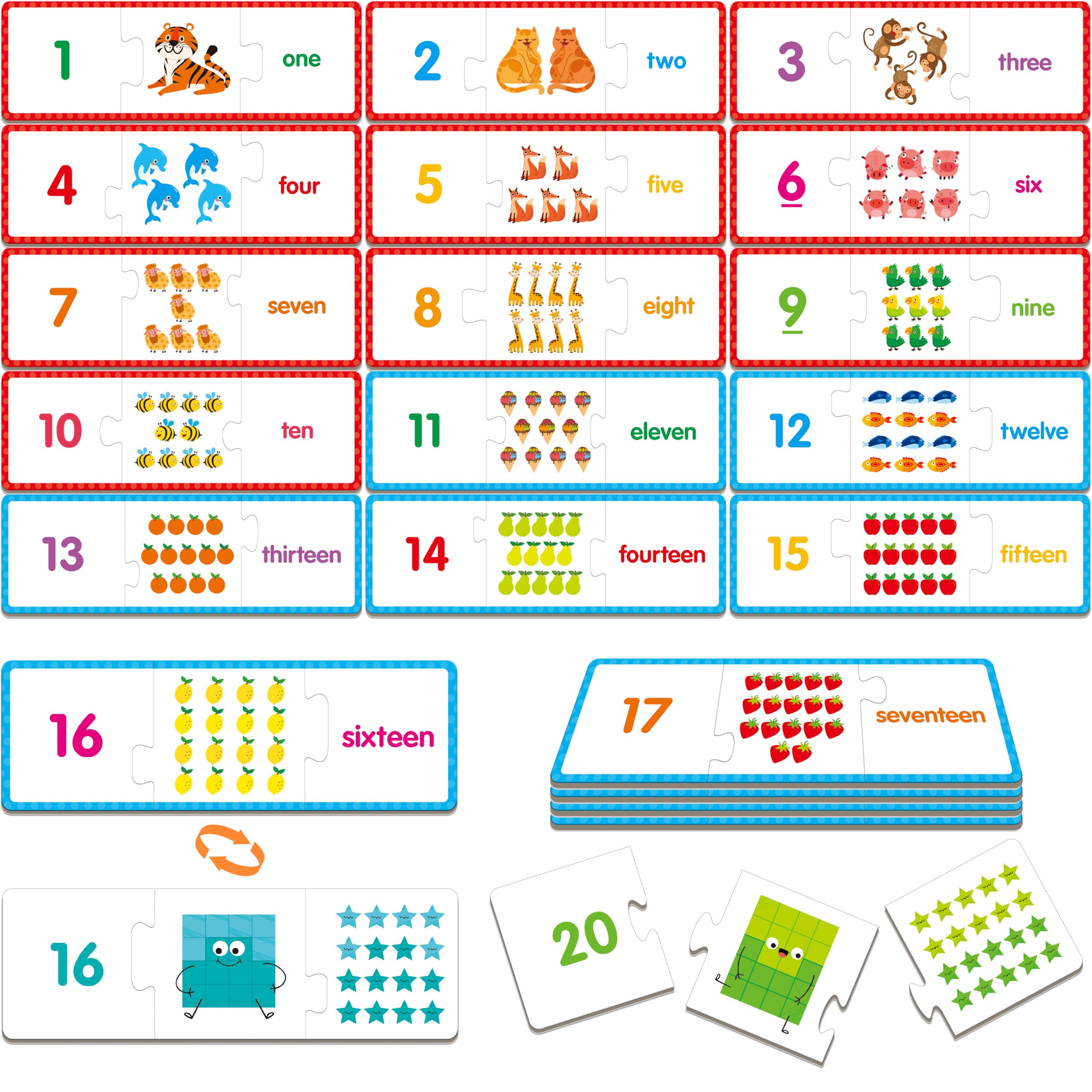 1-20 Number Puzzles, 20 Self-correcting Matching Puzzle Set, Educational Counting Game Math Numbers Learning Toys for Toddlers, Preschool, Kids Aged 3-5