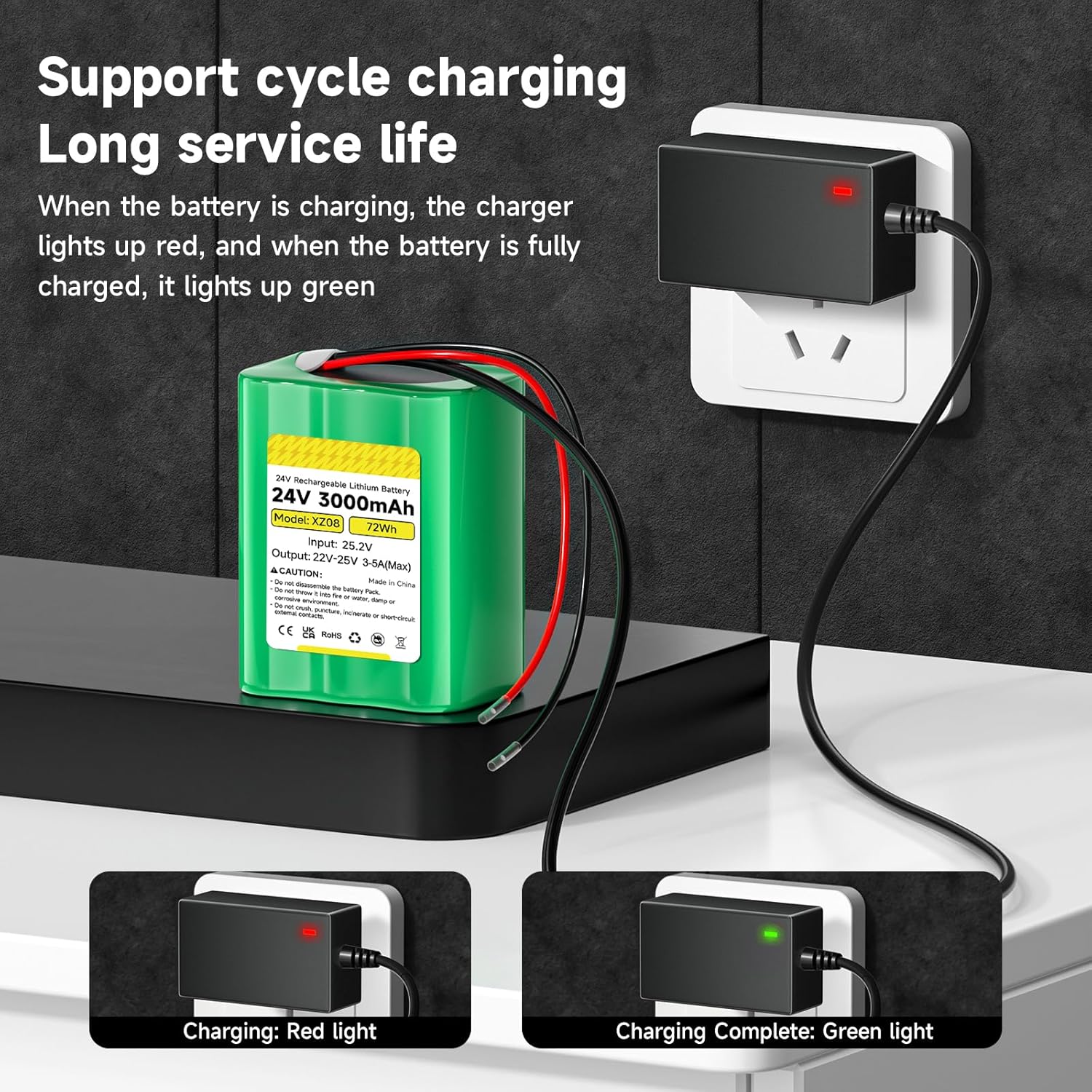 3000mAh 24V Rechargeable Battery with Charger, Bare Leads Battery Pack Compatible with 24V Devices, DIY Project, Speakers, RC Car, LED Strip, Toys, Solar Panels, Camcorder, etc - Image 5