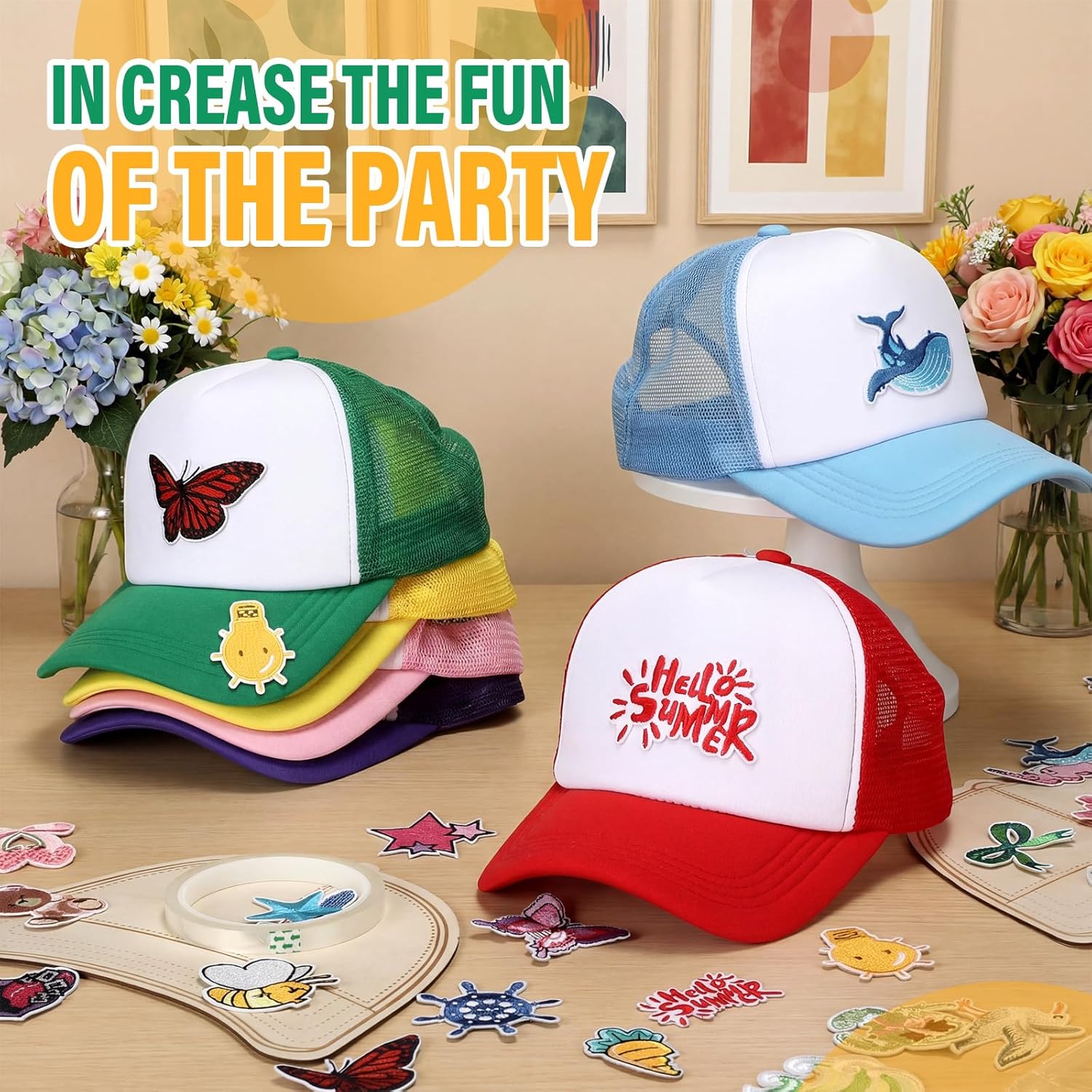 Hercicy 6 Pack DIY Trucker Hats Kit Sublimation Blank Baseball Caps with 56 Embroidered Patches and 3 Trucker Cap Template