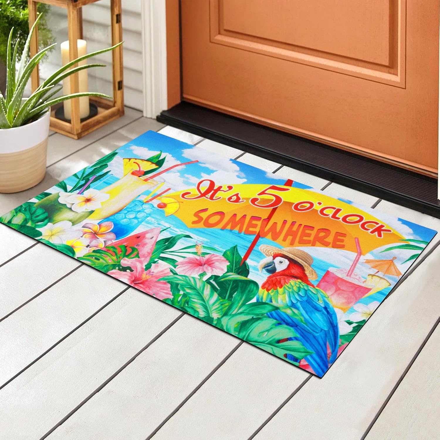 Likiyol Summer Beach Floral Doormat, 18" x 30", Non-Slip, Washable, Water-Resistant, Tropical Style, Unisex, Rectangular, Both Indoor & Outdoor, Machine Made, Stain Resistant, Hallway