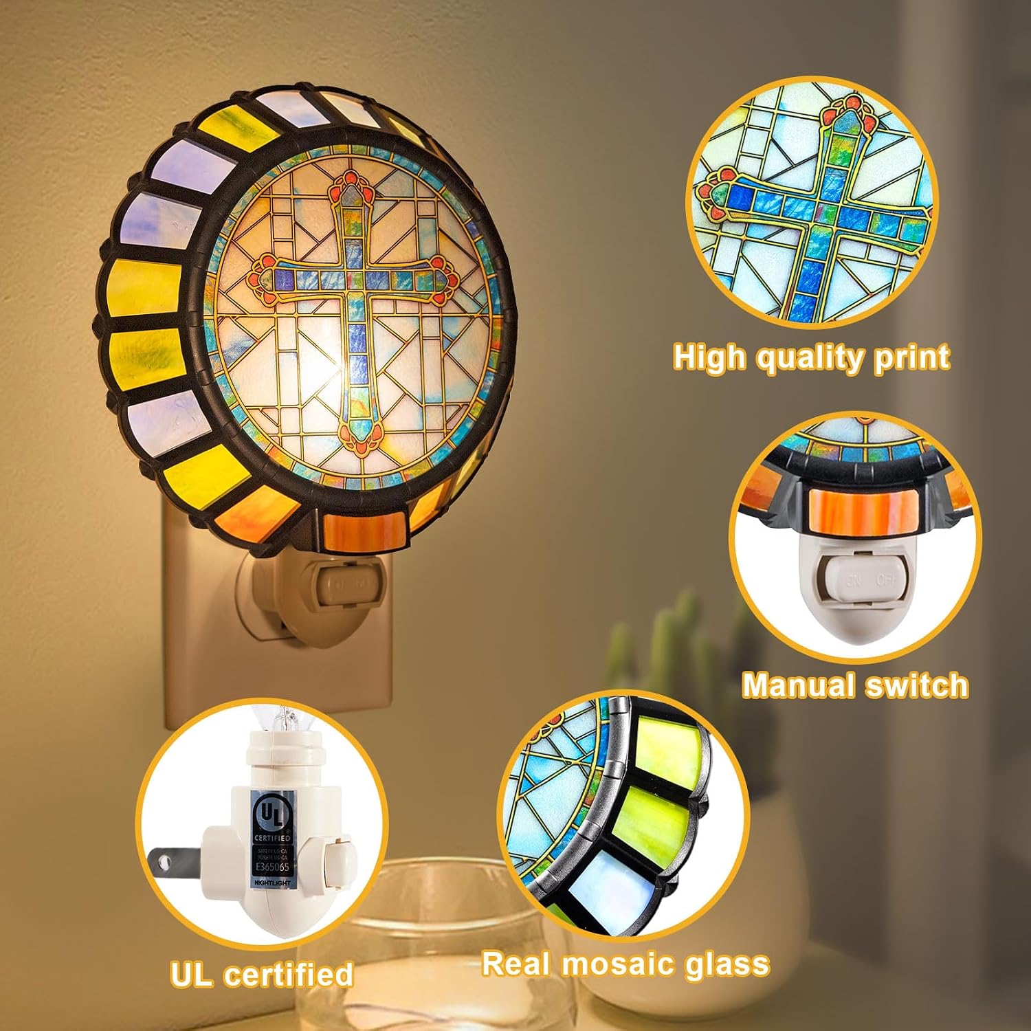 Mosaic Stained Glass Night Light, Green Cross, Made with Real Mosaic Glass Pieces, Plug-in with On/Off Switch, Christian Gift Home Décor