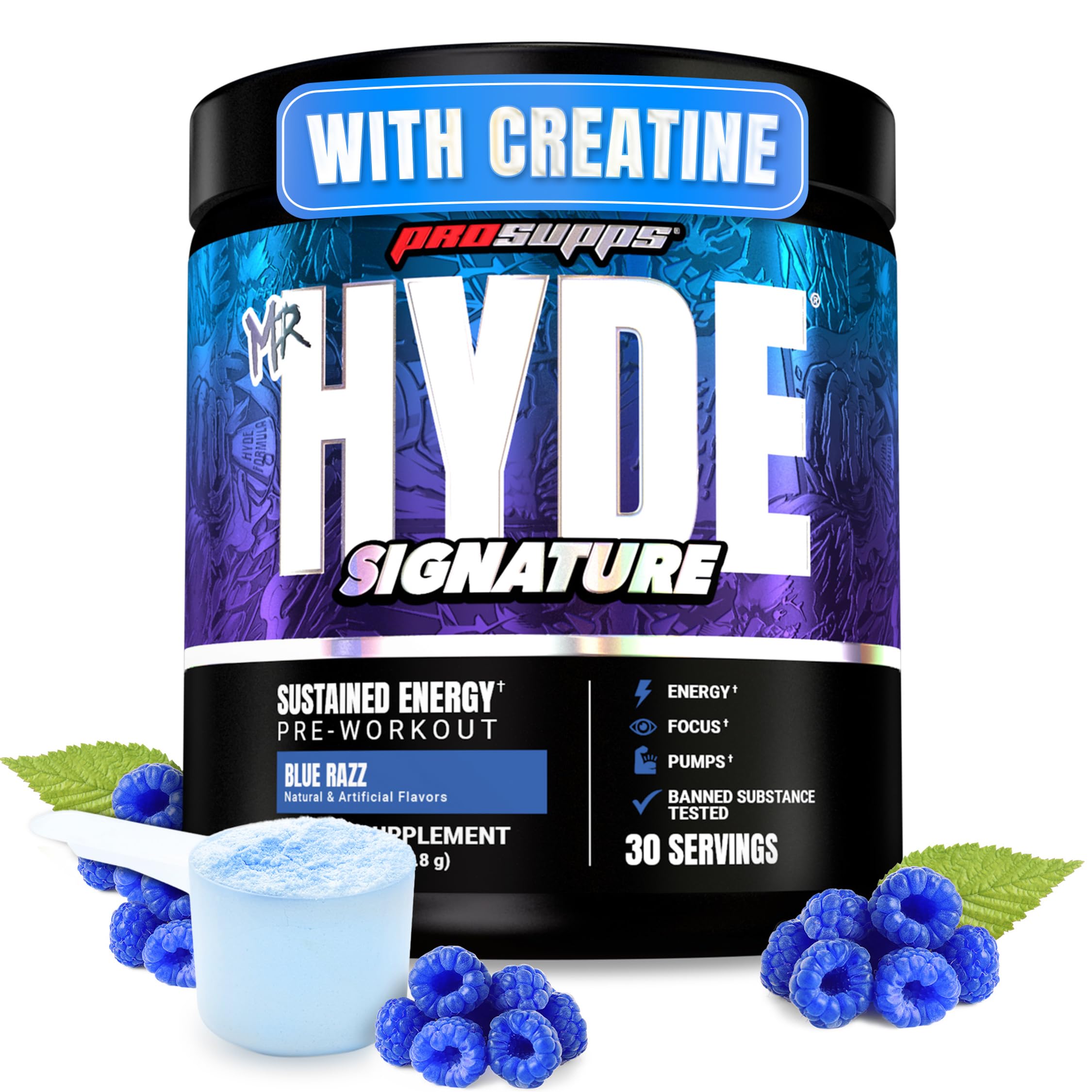 PROSUPPS Mr. Hyde Signature Pre Workout Powder with Creatine, Beta Alanine & Caffeine - Performance, Energy & Endurance - Clean Fitness & Gym Supplements for Men & Women (Blue Razz, 30 Servings)