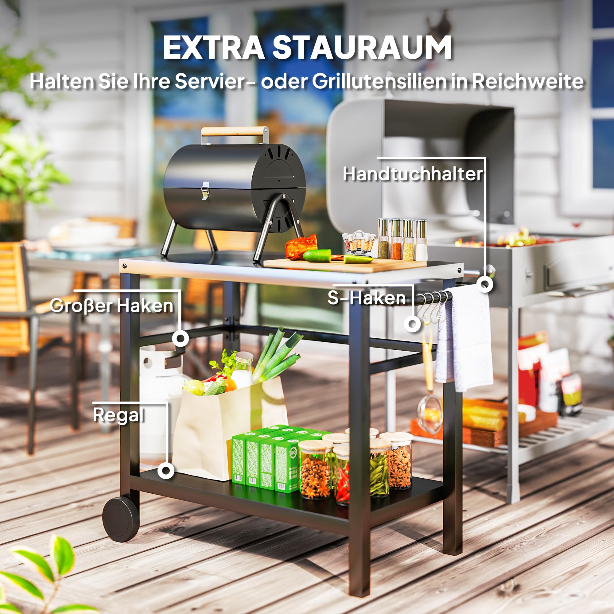 Outsunny Grillwagen 2-Etagen Servierwagen mit Arbeitsfläche Ablagen Haken Räder, BBQ Grilltisch aus Edelstahl, Grill Beistelltisch, Outdoor Rollwagen für Garten, Terrasse, Grill, 102 x 56 x 81cm