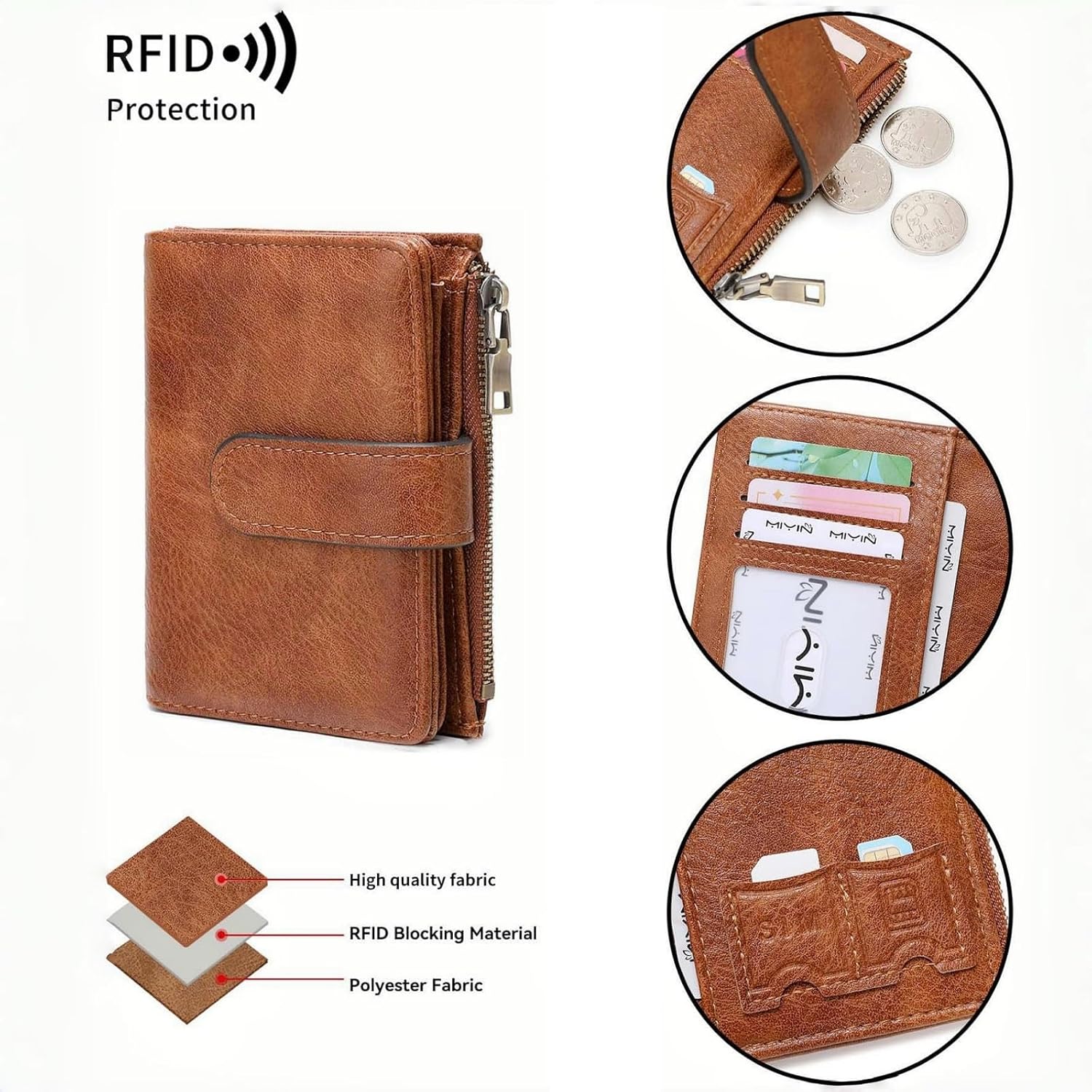 Wallet Women Small Leather RFID Blocking Credit Card Wallet Bifold Compact Ladies Purse with Zipper Coin Pocket - Image 2