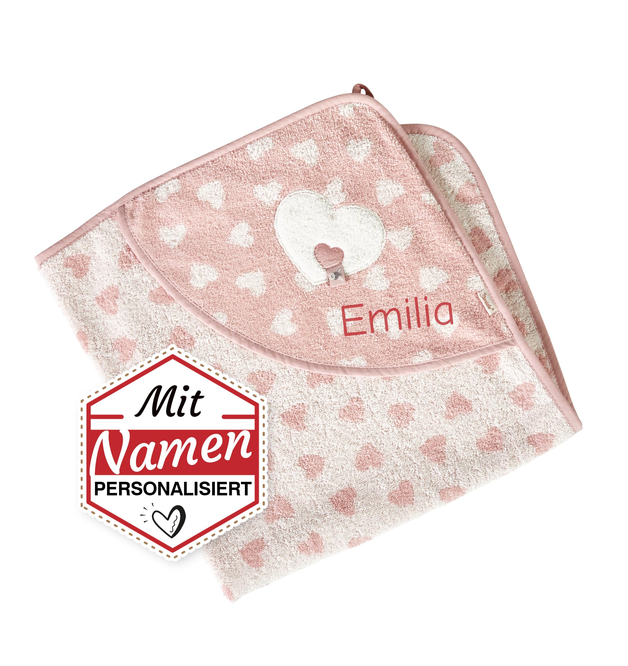 LALALO Sterntaler Kapuzenhandtuch Emmi Girl mit Namen Bestickt für Mädchen, Frottee Baby Badetuch Badehandtuch/Rosa Kinder-Badetuch mit Kapuze personalisiert (80x80, Herzen)