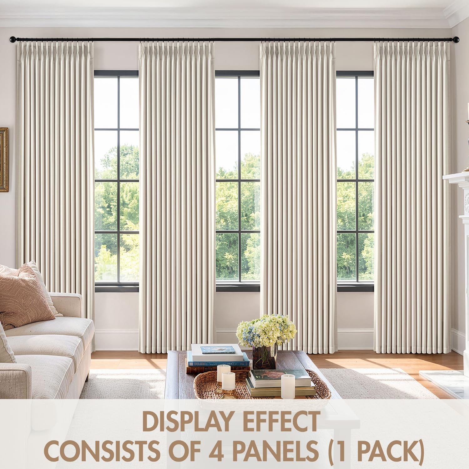 MIULEE Pinch Pleated 100% Blackout Curtains 96 Inch Long 4 Panel Set for Bedroom Thick Linen Memory Trained Pleat Living Room Darkening Back Tab Double Layer Thermal Insulated Drapes, Birch