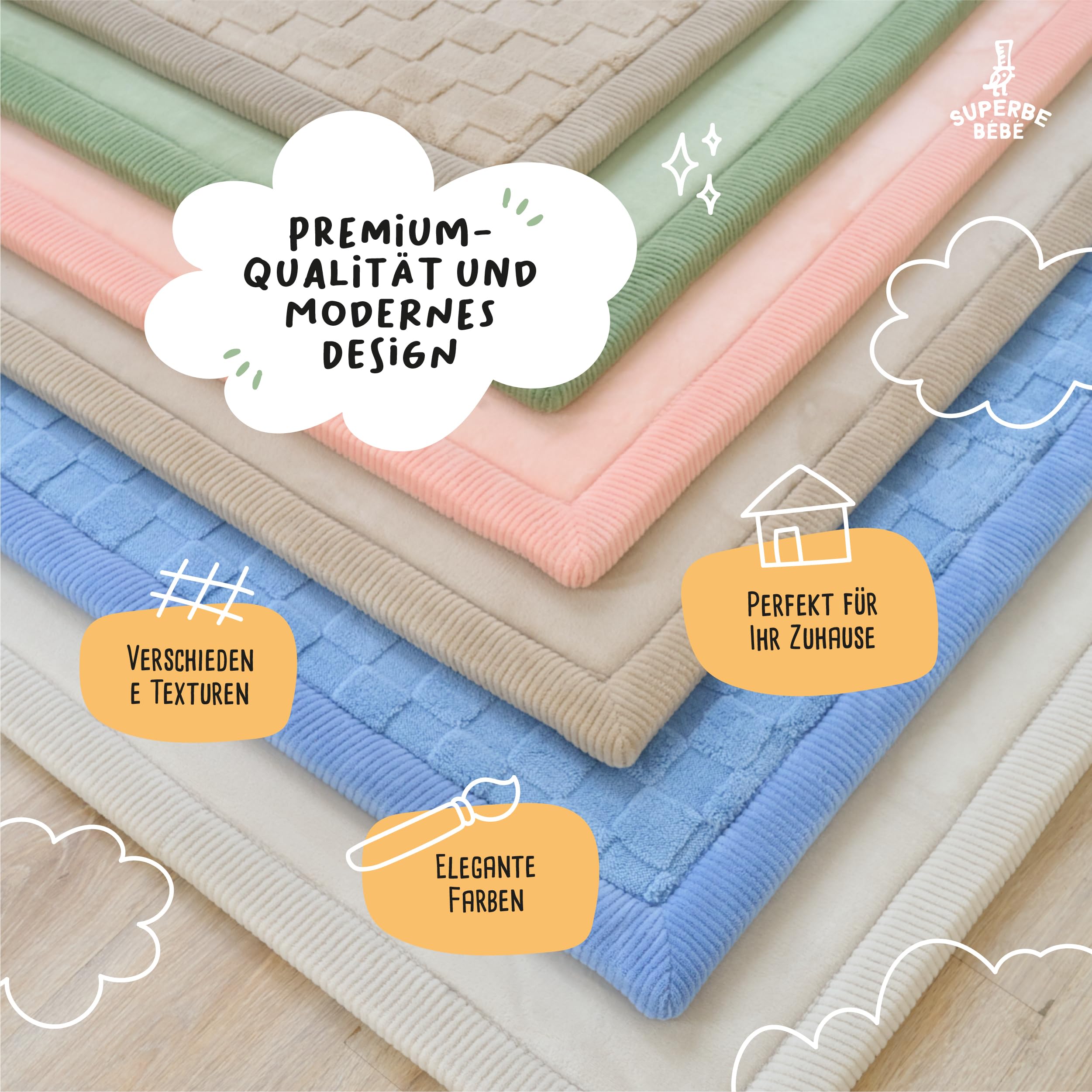 SUPERBE BEBE – Baby Spiel- und Krabbelmatte 150 × 200 × 2,5 cm – Dick und stoßdämpfend – Ungiftiger Memory-Schaum mit Oeko-Tex-Zertifizierung – Spielmatte für Baby- und Kinderzimmer – Elegantes Design