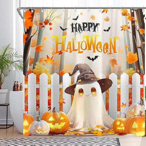 ZTHMOE Cortina de ducha de Halloween para baño, fantasma, espeluznante, lindas hojas de arce, calabazas, otoño, decoración del hogar, juegos con 12