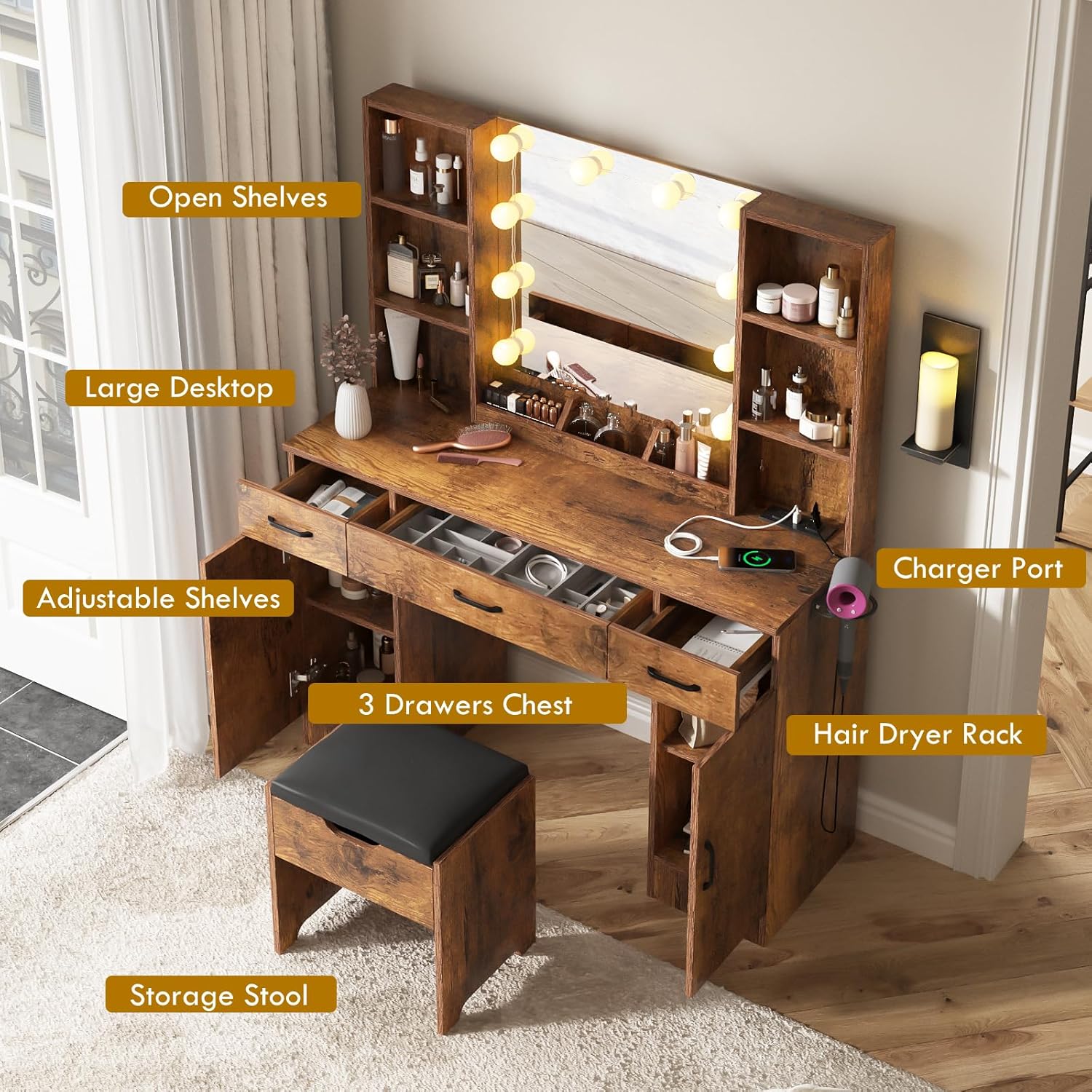Vabches Makeup Vanity Desk with Lighted Mirror & Power Strip, Large Brown Vanity Table Set Rustic Farmhouse Style with Storage Stool, 3 Lighting Modes, Brightness Adjustable, 45.2in (W)