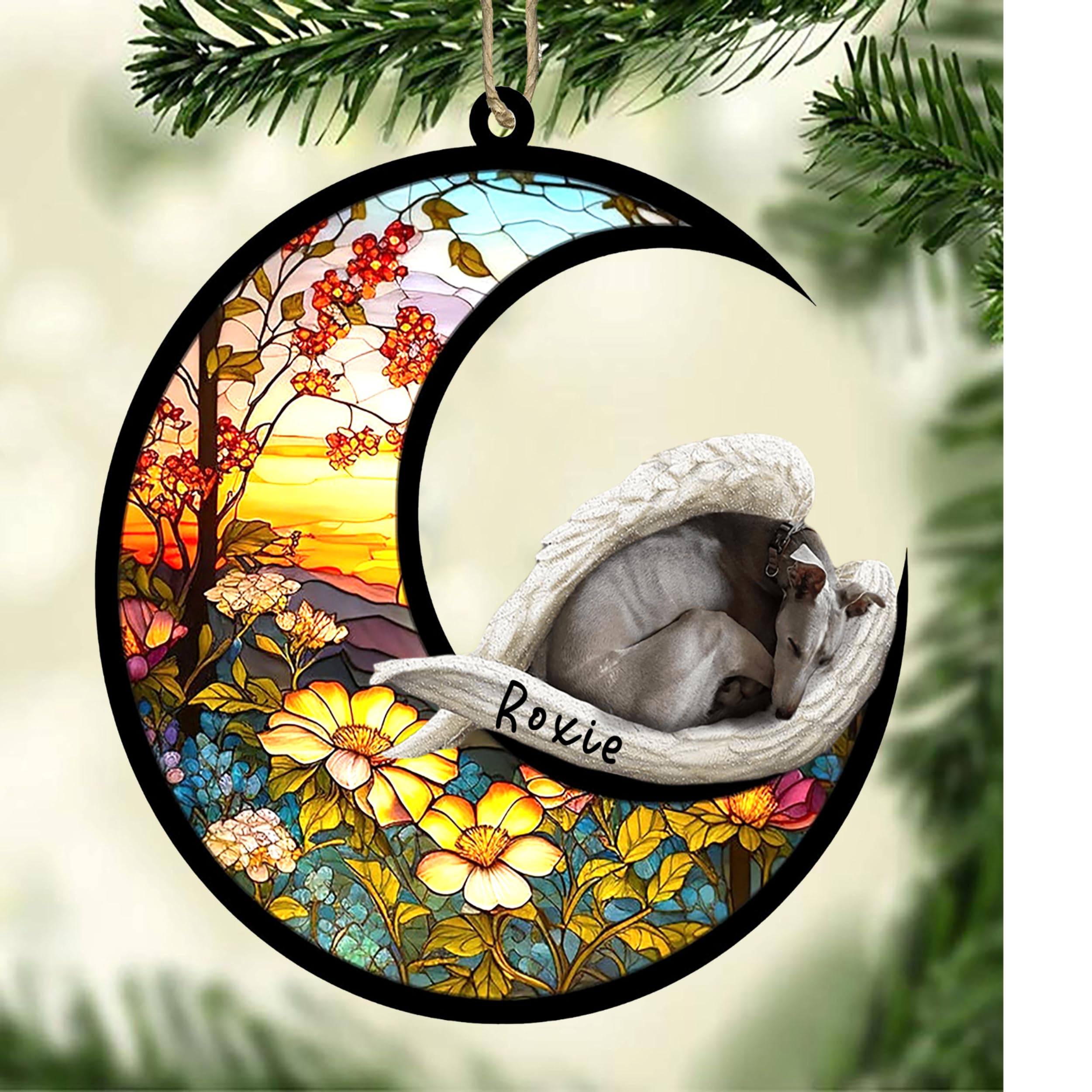 Personalized Greyhound Dog Memorial Suncatcher, Greyhound Christmas Ornament with Name, Pet Loss Catcher, Gifts for Dog Lovers Loss of Dog, Greyhound Sleep on Haven
