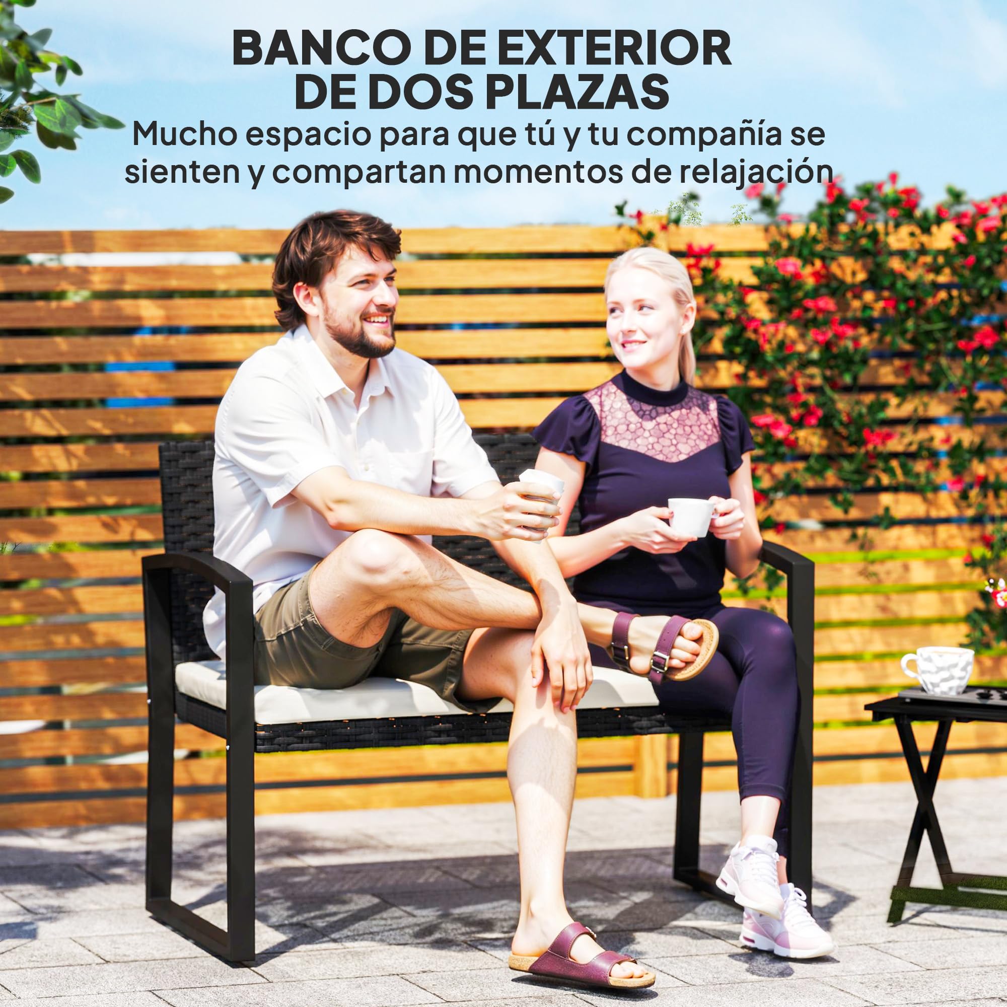 Outsunny Banco de Jardín de Ratán Sintético de 2 Plazas Banco de Exterior con Cojín y Reposabrazos Carga 240 kg para Terraza Patio 103x58x78 cm Negro y Beige