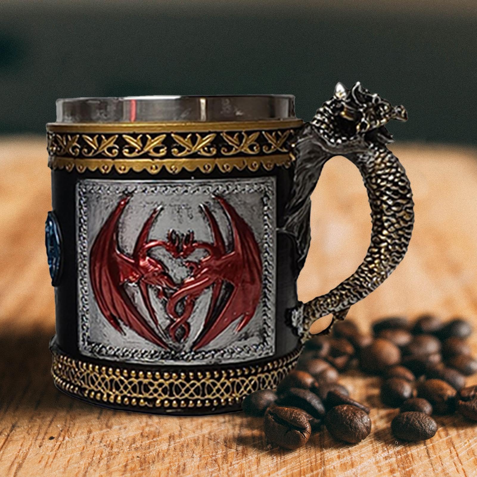 Chope à Bière Dragon En Acier Inoxydable 450ml - Tasse Médiévale à Double Paroi - Décoration Bar - 8