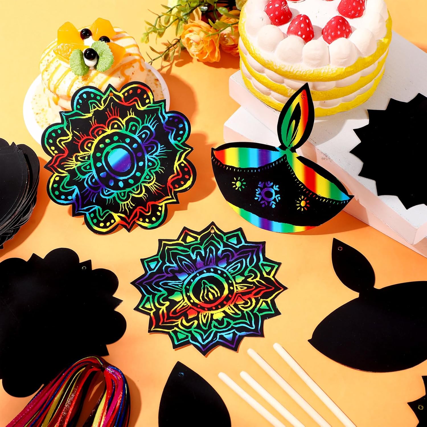 Arrowbash 80 Pcs Diwali Scratch Cards Rainbow Rangoli Mandala Scratch Paper Pads with Wooden Stylus for Indian Deepavali Decors Hanging Ornaments DIY Arts Craft Party Favors Kits