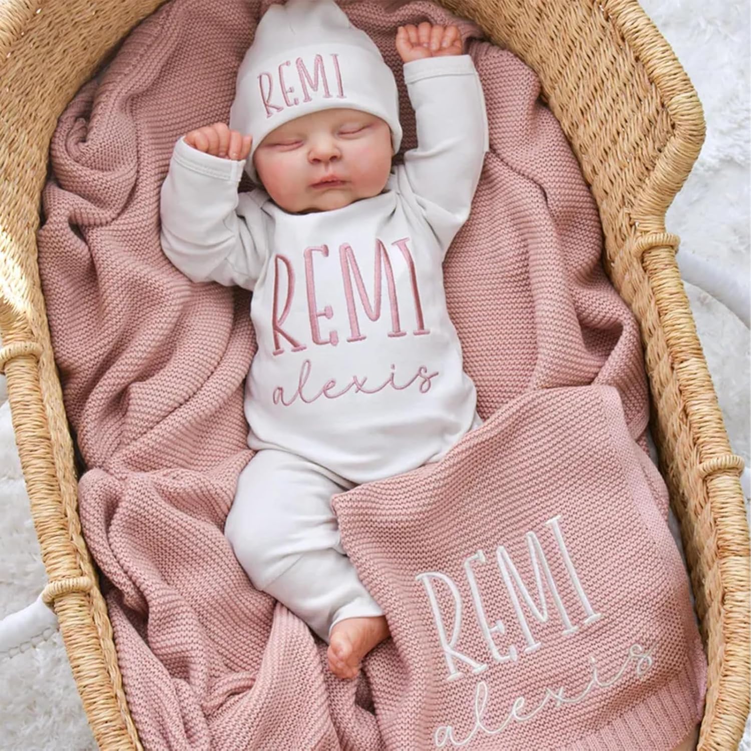 Baby Outfit Set with Cotton Knit Blanket, Personalized Matching Bodysuit and Hat with Embroidered Name,Romper with Blanket Newborn Gift for Baby Shower or Homecoming - Image 3