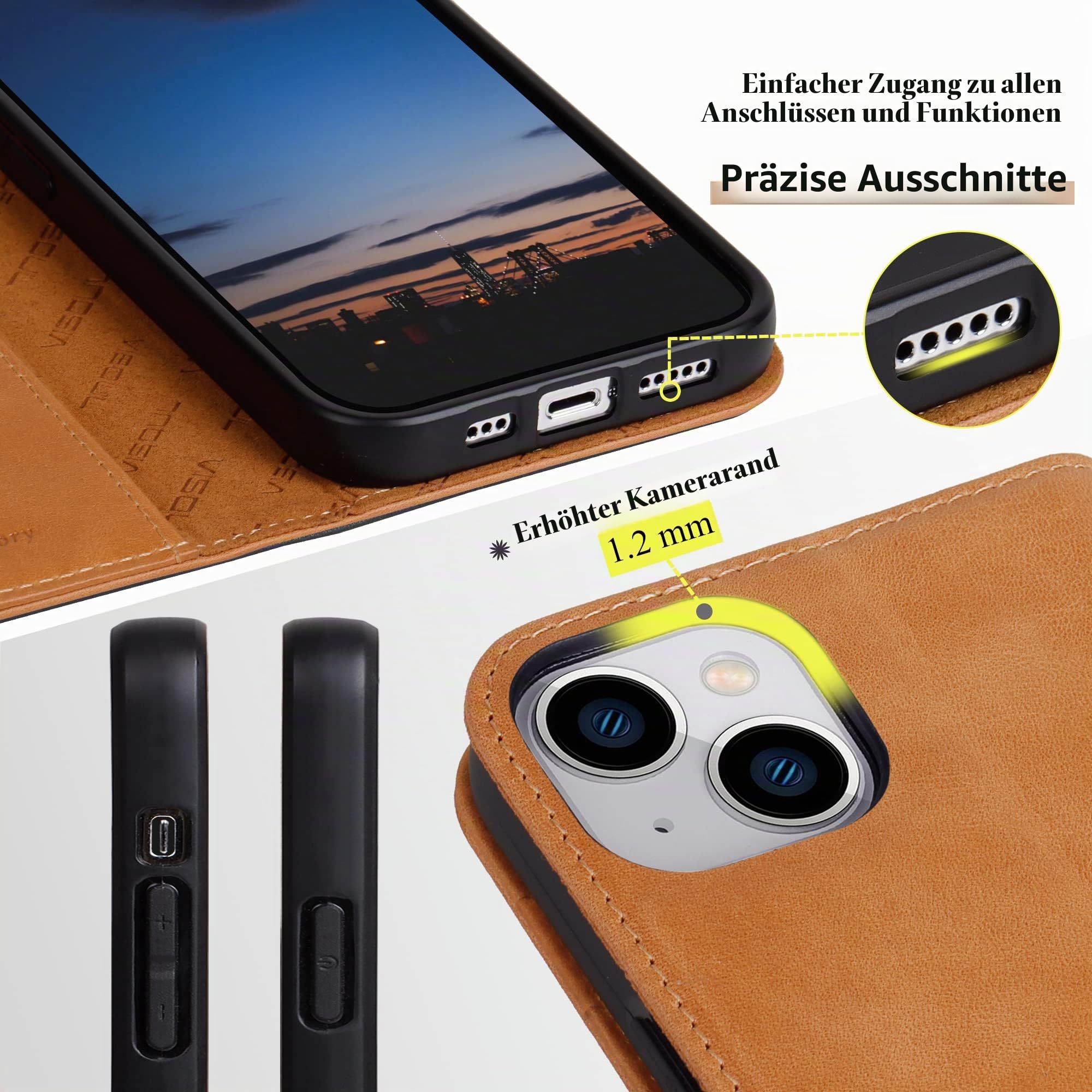 VISOUL Hülle für iPhone 15, Schutzhülle Echt Leder Schützt vor Stoß Kartenfach Magnetverschluss Stand klappbar handyhülle Handytasche Etui Case Gelb