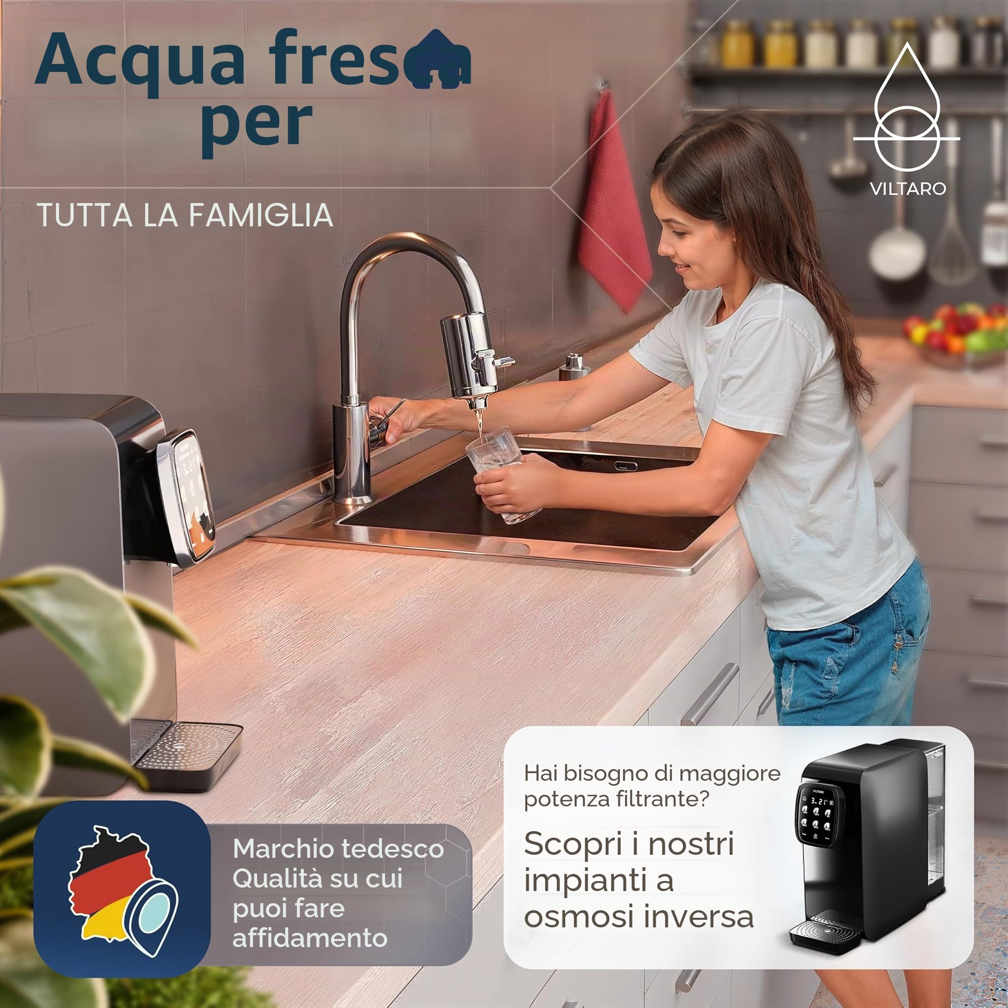 VILTARO Filtro acqua rubinetto – filtro a carbone attivo, rubinetto con cartuccia, senza BPA, in acciaio inox, facile da montare, rimuove le sostanze nocive