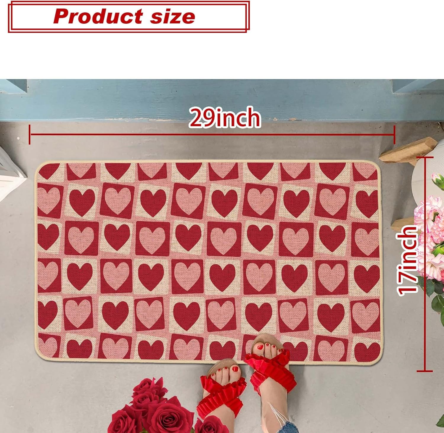 Baccessor Valentines Day Door Mat, Cute Red Pink Checkered Love 17x29 inch Decorative Front Doormat Indoor Outdoor Non Slip Rubber Backing Seasonal Anniversary Entryway Kitchen Floor Decoration