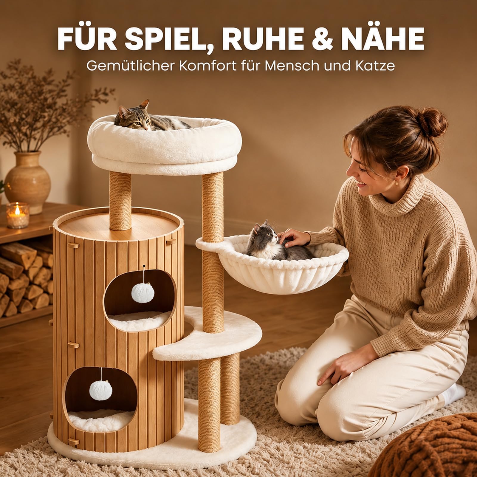 Premium kratzbaum mit 2er Kratztonne, Katzenbaum＆Große Plattformen | Sisalstämme, Kratzrampe, Katzenhaus, Plüschbälle und Katzenbürste für große Katzen