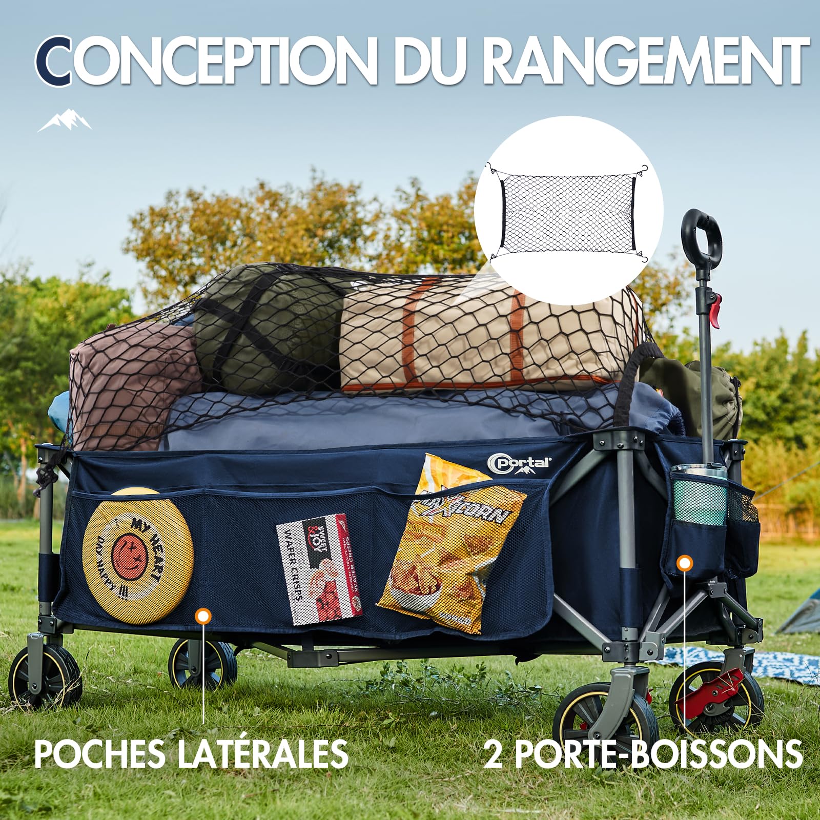 PORTAL Chariot de Plage Pliable, 400L 160KG Plage très Long Chariot à roulettes avec Filets Anti-Chute Frein Tout Terrain Poignée Réglable Charrette pour Extérieur Camping Pique-Nique