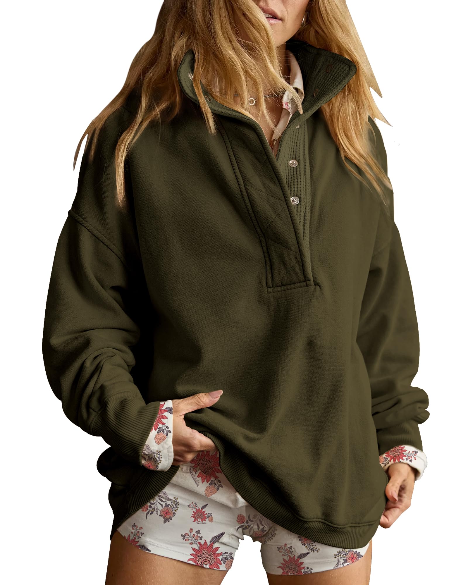 Gacaky Sweatshirt for Women Oversized Henley Neck Pullover Top Fall Outfits | Oversized Silhouette, Quilted Placket Detail, Henley Sweatshirt, Comfort Soft Sweaters, Fall Winter Fashion Outfits Clothe