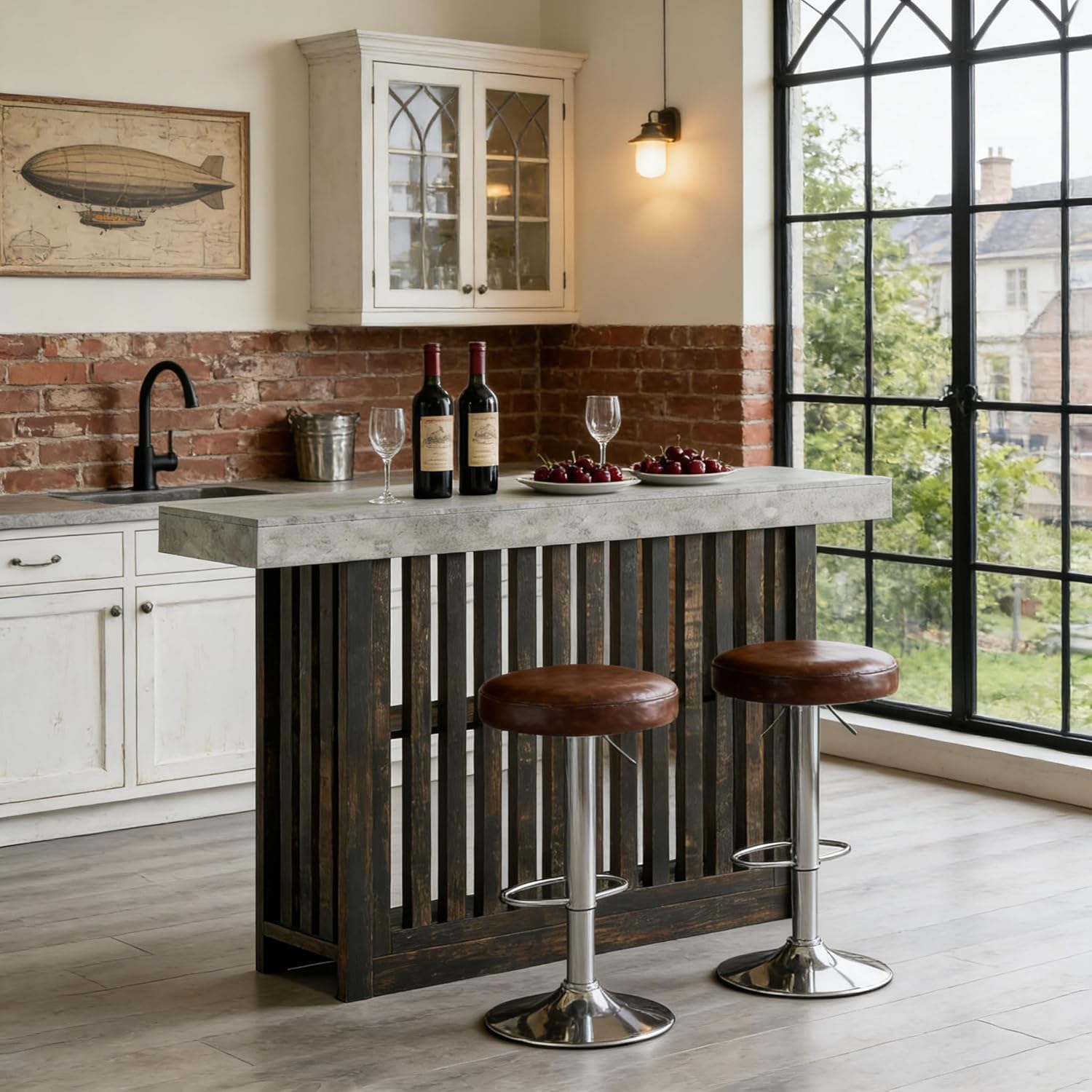 GarveeHome 63" Long Bar Table - Counter Bar Height Pub Table with 2 Tier Storage Shelves, Modern Coffee Breakfast Bar Unit for Dining Room, Bistro, Living Room, Gray + Brown
