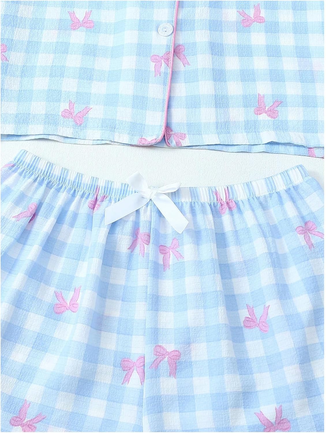Verdusa Women's 3 Piece Cute Bow Plaid Pajama Set Button Down Short Sleeve Top and Shorts with Pants - Image 6