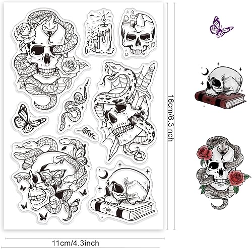 Miniatura 2 de CRASPIRE Sellos transparentes de silicona con calavera gótica, mariposa, flores, reloj vintage de Halloween, sello de goma transparente, sello de