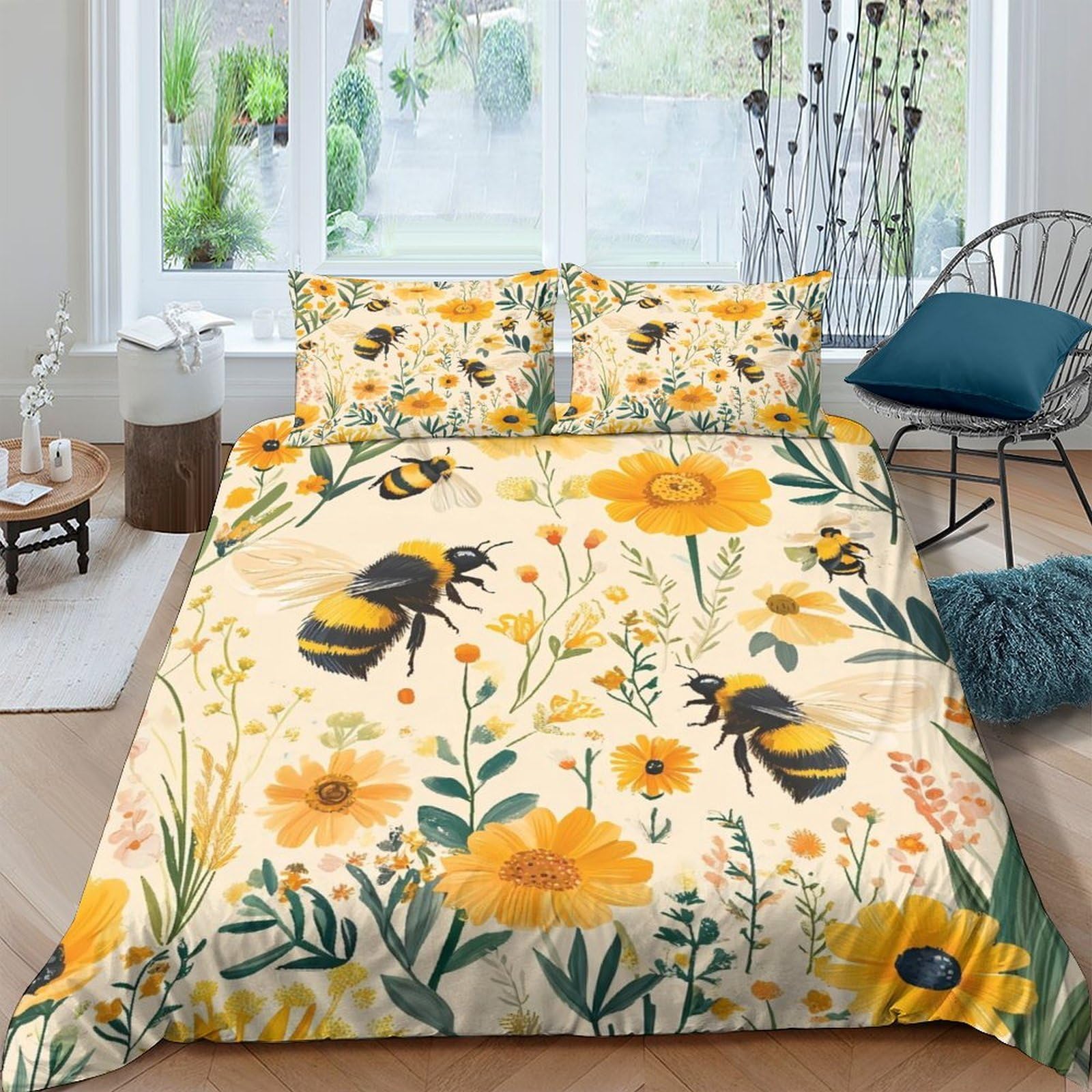 Ctjqhvkz Style-7 3D Printed Yellow Floral Bee Fitted Sheet Microfiber Soft Breathable Wildflower Mattress Cover Bedroom Decor Single（135X200cm）