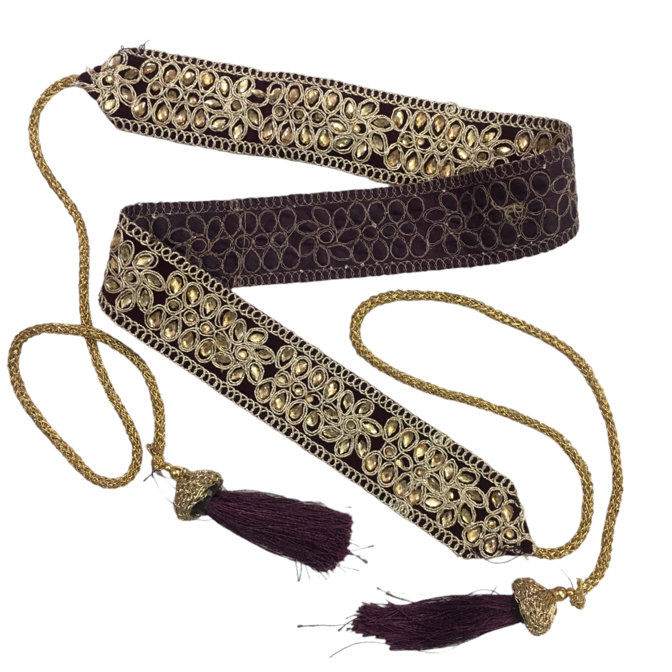 Women's Wine Color Velvet Kamarband (Bridal Belt) with Golden Embroidery And Handmade Glue Stone Kundan(Adjustable) width 4.5cm /Waist Hip Belt/Lehnga Belts/saree belt-image-10