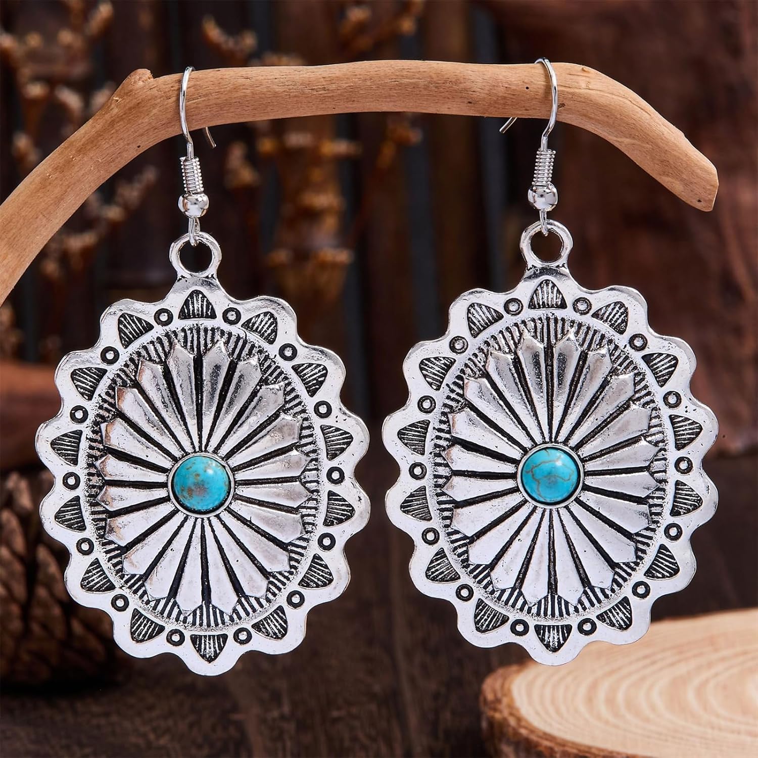 Dreuyet 2 Pairs Western Earrings for Women Vintage Rustic Couture's Cowgirl Oval Turquoise Dangle Earring Concho Dangling Earrings Country Concert Outfits Statement Jewelry - Image 2
