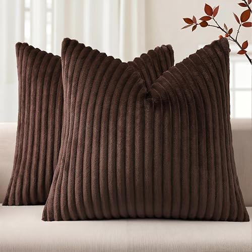 Simmore Fall Soft Brown Flannel Throw Pillow Covers 16X16 Set of 2 | Decorative Plush Fluffy Modern Farmhouse Double-Sided Fluffy Striped Pillow Covers for Sofa bed Living Room Home Decor