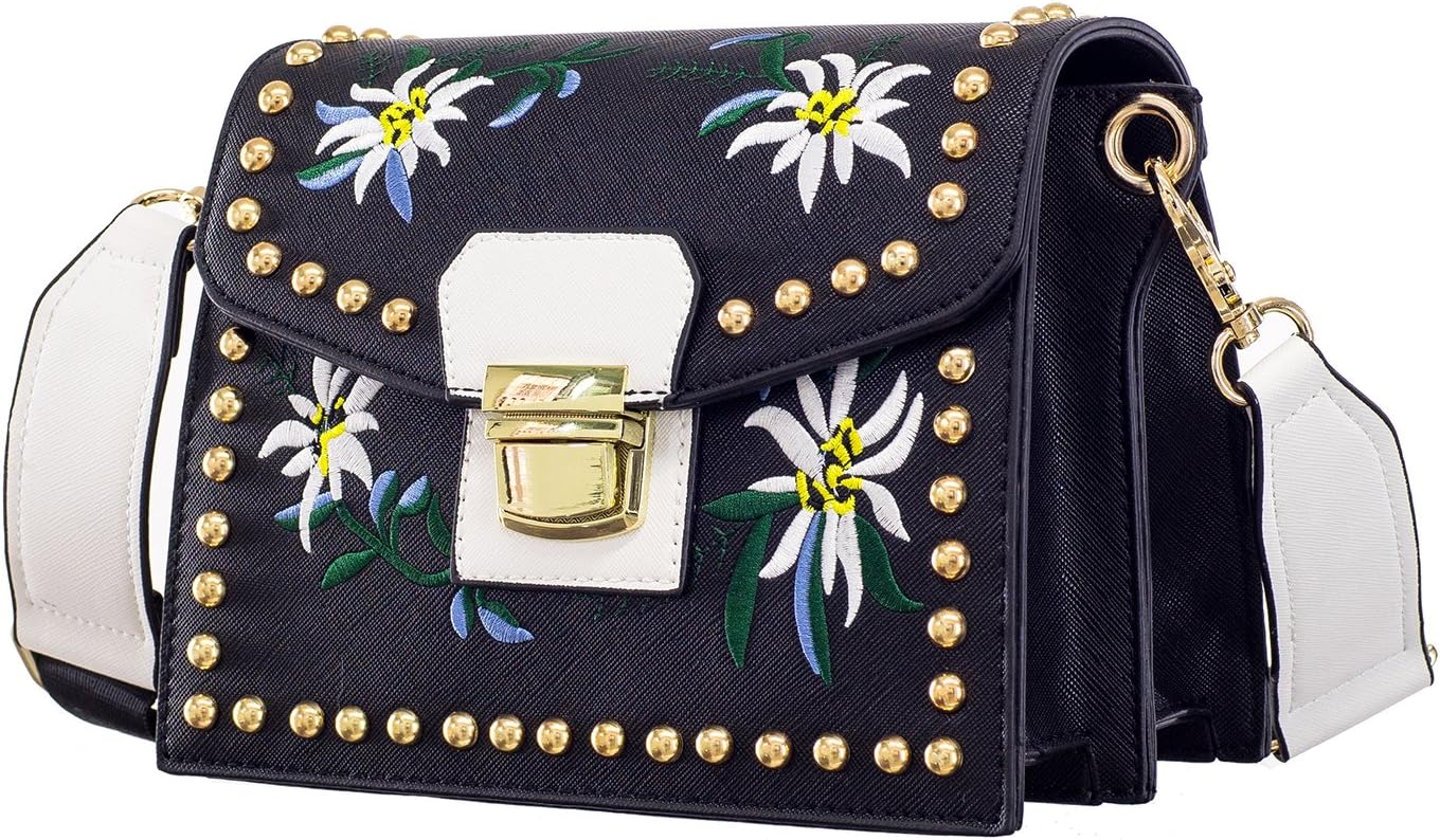 Rivet Crossbody Bags for Women DORIA DORE Flower Embroidery Style Shoulder Bag Cross Body Purse