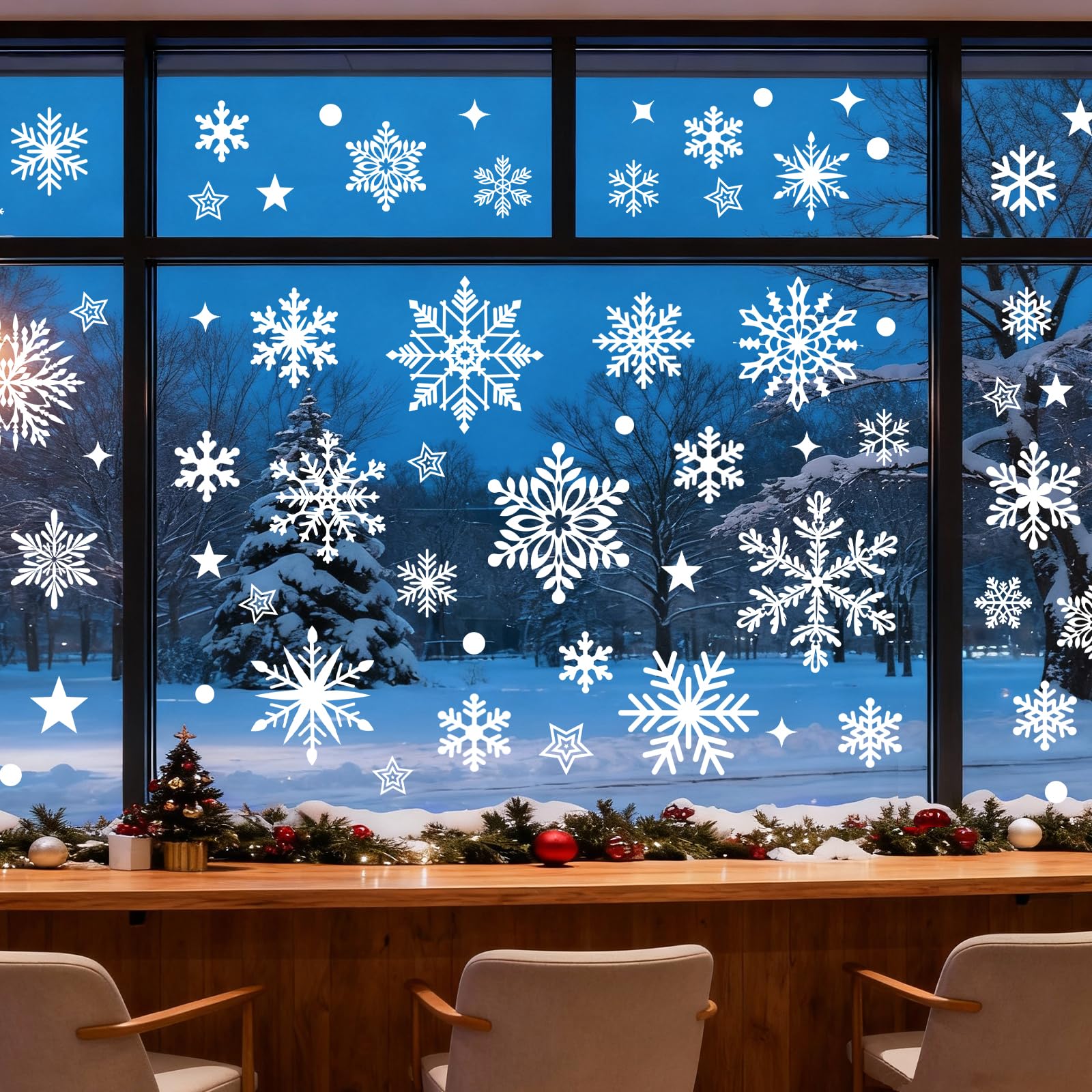 Christmas Snowflake Window Stickers Large, 160 Pcs White Xmas Window Clings Reusable, Double Sided Big Windows Decals Xmas Scene for Shop Office Classroom Decorations with Stars for Glass Door Decs