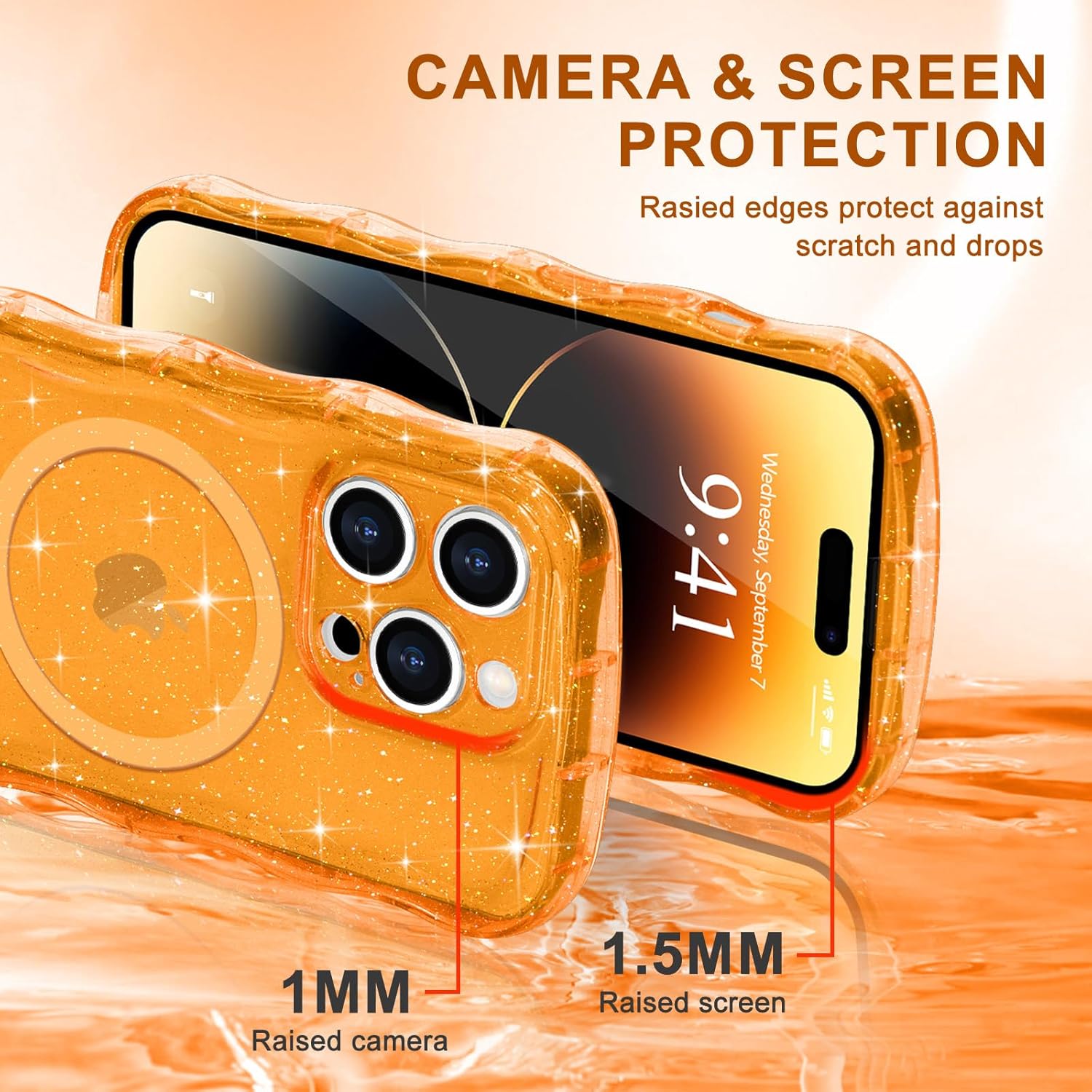 Magnetic for iPhone 14 Pro Max Case Clear, Sparkly Bling Glitter Cute Curly Wave Cover for Women Men Compatible with MagSafe TPU Shockproof Protective Phone Case for iPhone 14 Pro Max, Orange - Image 5