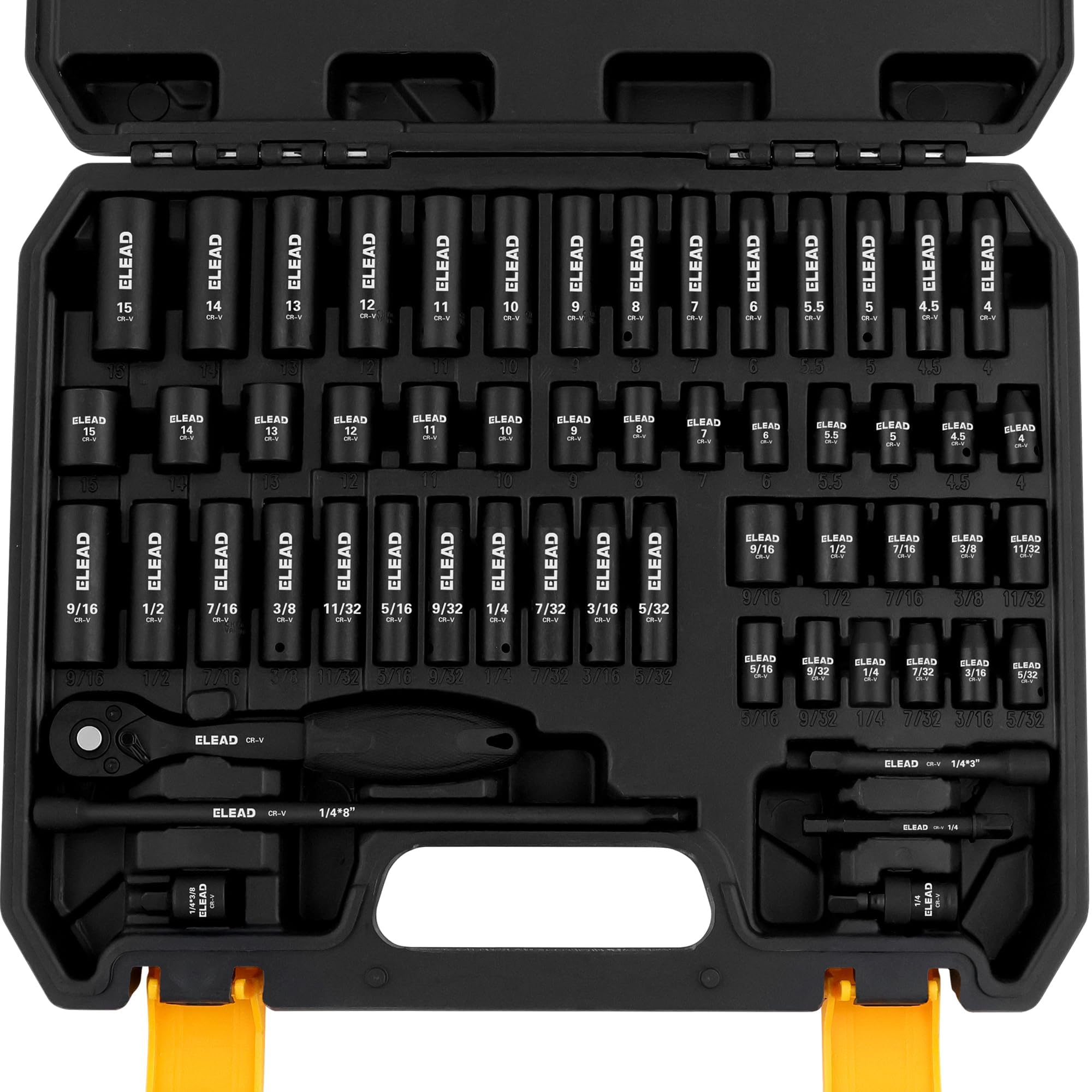 ELEAD 1/4" Drive Impact Socket Set, 56-Piece Standard SAE (5/32 to 9/16 inch) and Metric (4-15mm) Size, Deep & Shallow, 6 Point, Cr-V, 72-Tooth Ratchet Handle, Extension Bar, Universal Joint