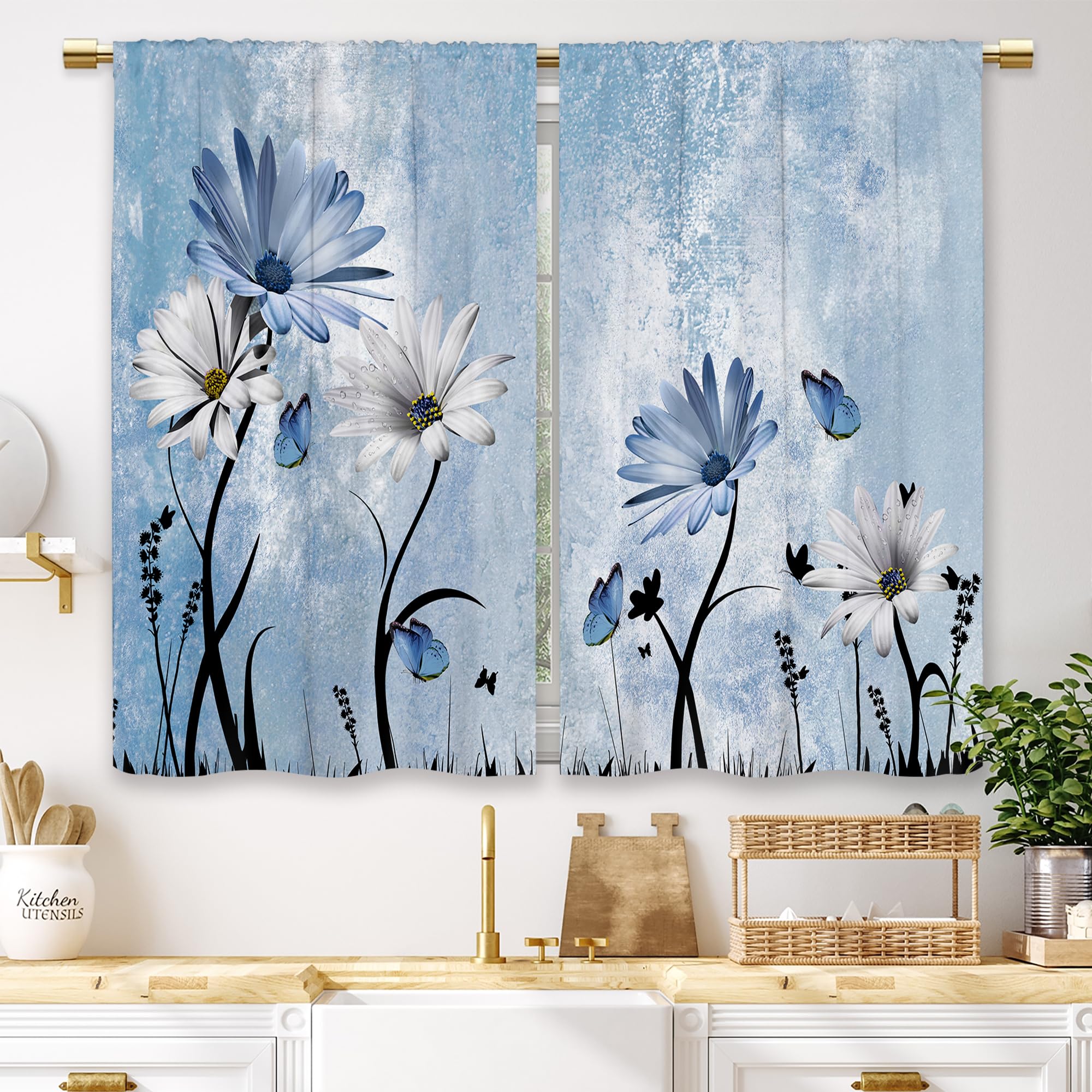 Laifzere, Kitchen Curtains Country Style Blue Rustic Daisy Floral Short Curtains Country Vintage Butterflies Rod Pocket Window Curtains with Valances (27.5 x 39 Inch) — image 1